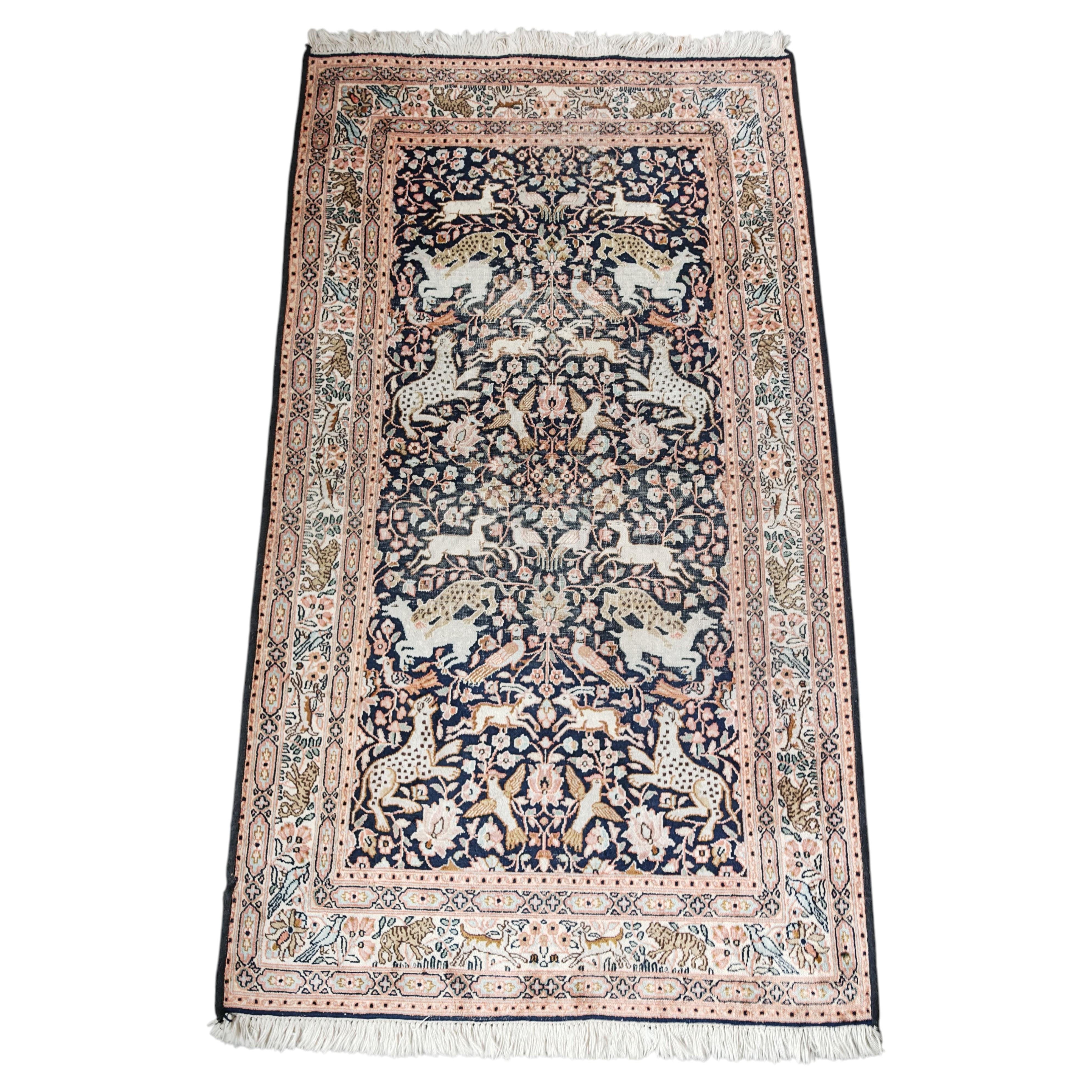 Vintage Qom Rug depicting a hunting scene, silk on cotton, hand-woven in 1930s