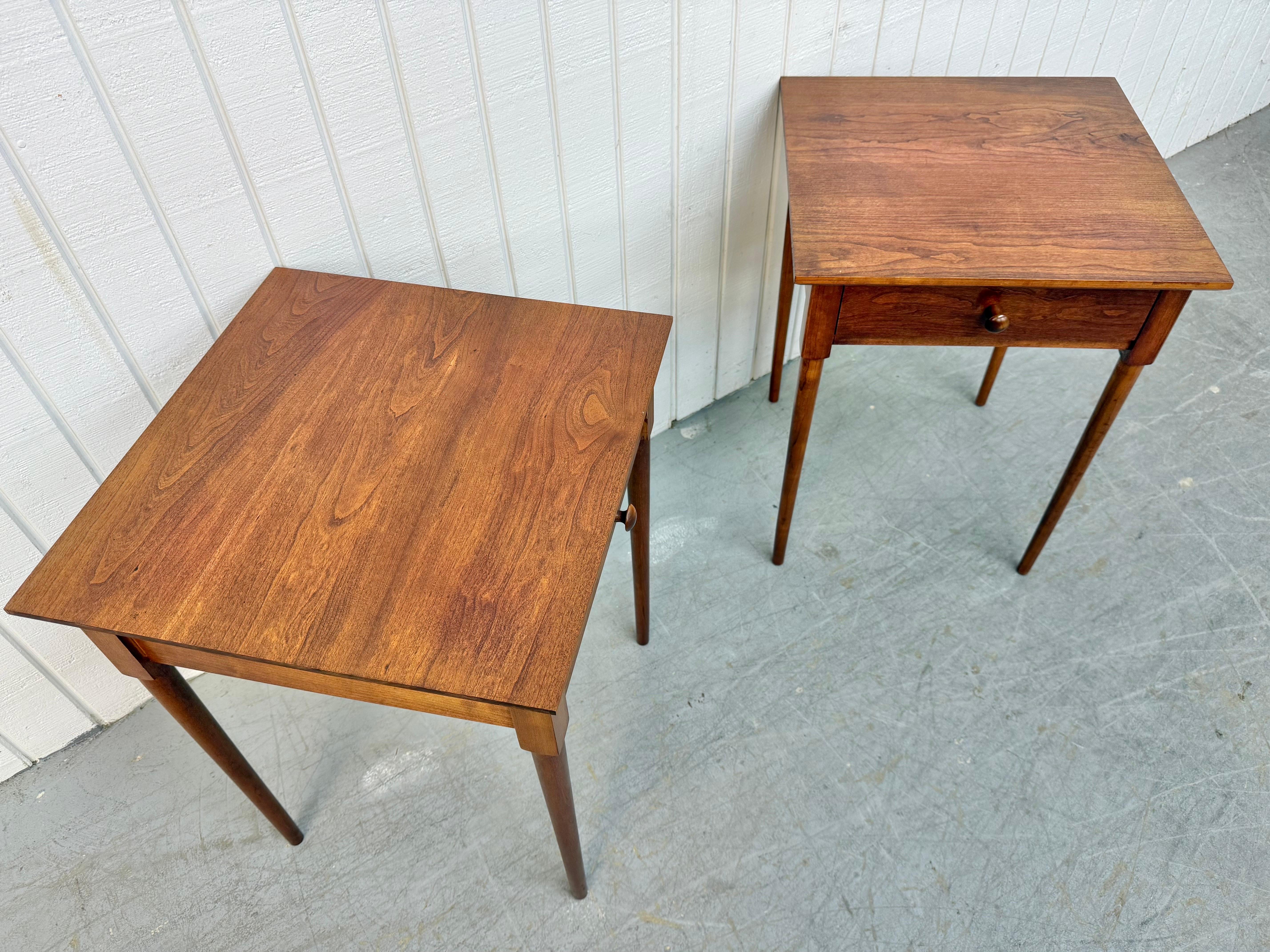 This listing is for a pair of Vintage Quality American Shaker Style Walnut Nightstands. Featuring a straight line design, long modern legs, single drawer for storage, and beautiful walnut finish. This is an exceptional combination of quality and