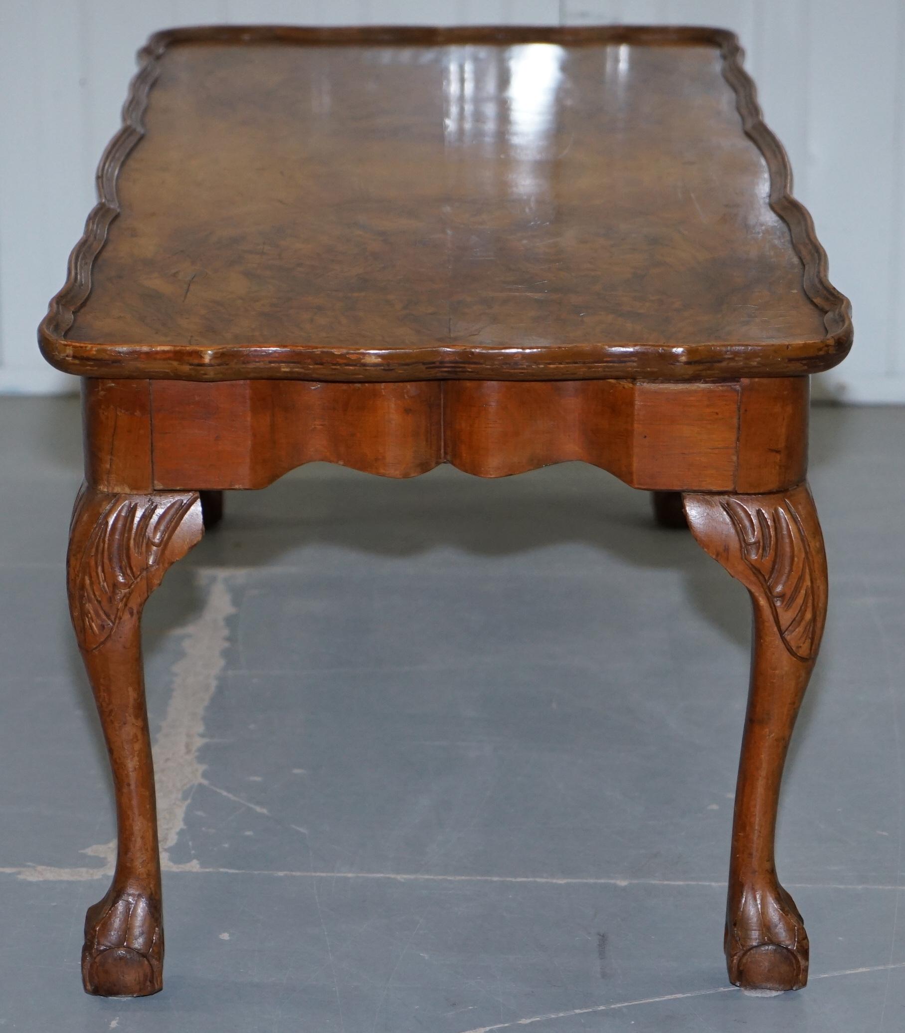 Vintage Quarter Burr Walnut Cut Coffee Table with Claw and Ball Cabriolet Legs 5