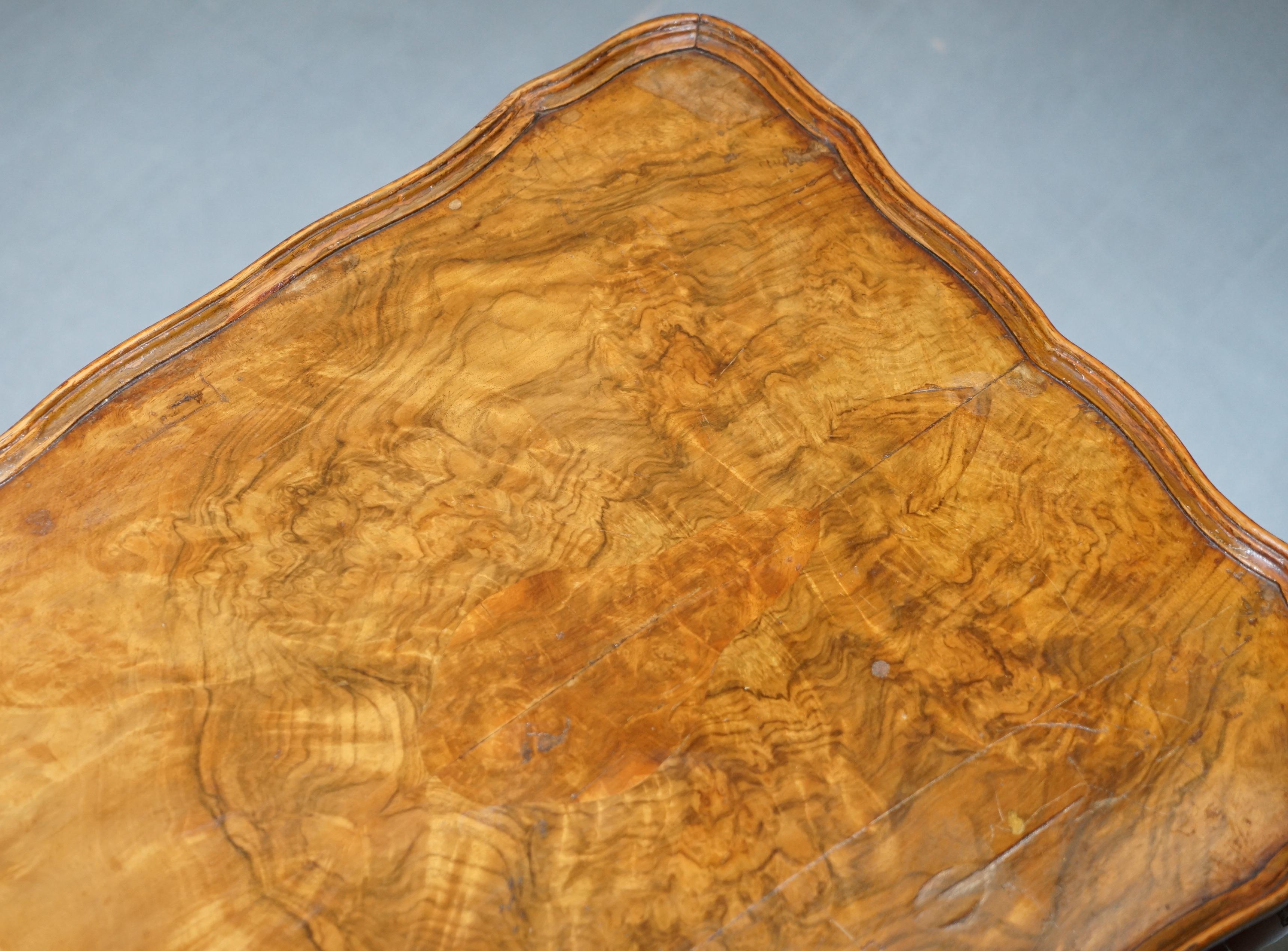 English Vintage Quarter Burr Walnut Cut Coffee Table with Claw and Ball Cabriolet Legs