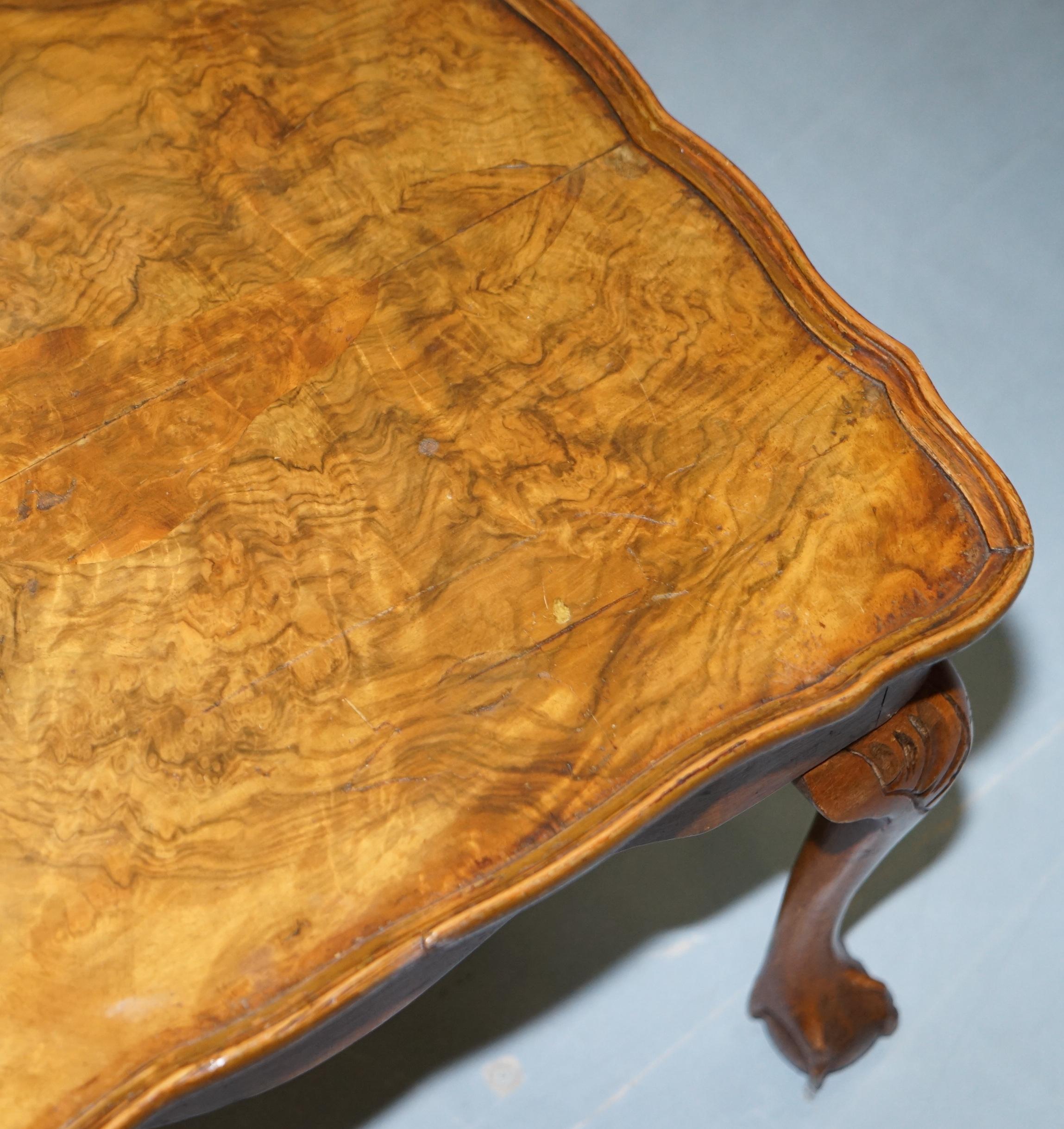 Hand-Crafted Vintage Quarter Burr Walnut Cut Coffee Table with Claw and Ball Cabriolet Legs