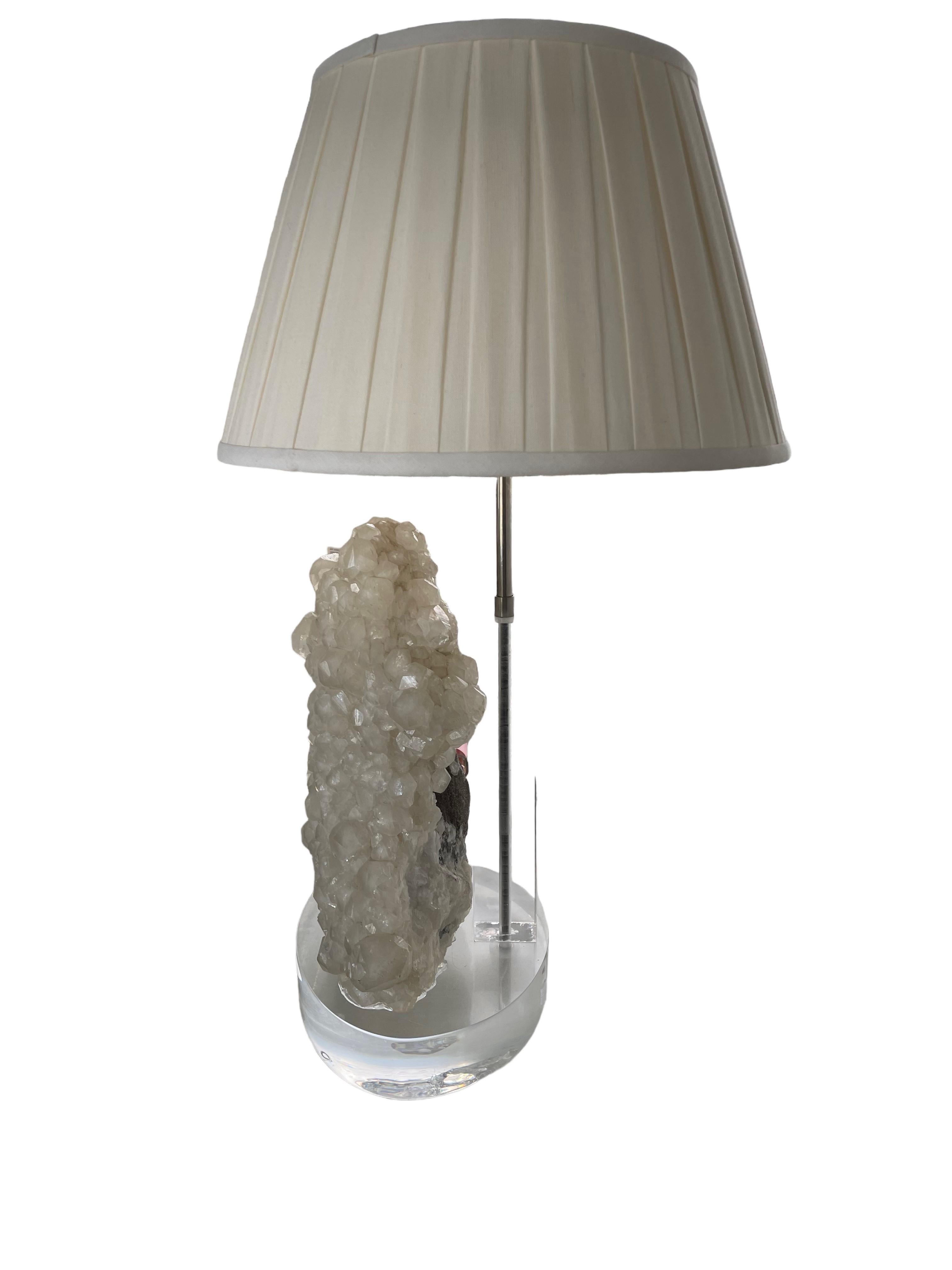 Organic Modern Vintage Quartz Crystal and Lucite Lamp and Shade with Lucite Finial For Sale