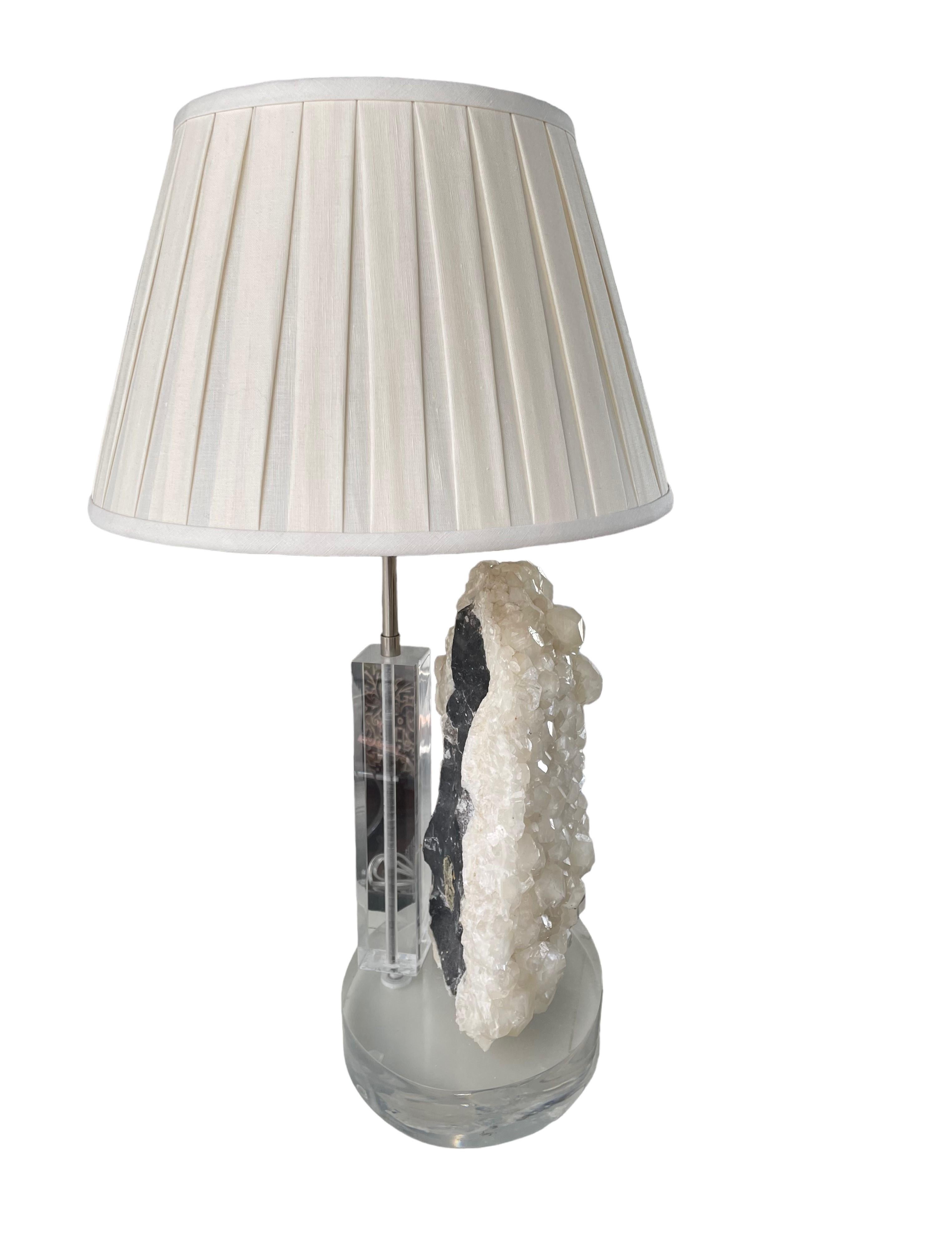 American Vintage Quartz Crystal and Lucite Lamp and Shade with Lucite Finial For Sale