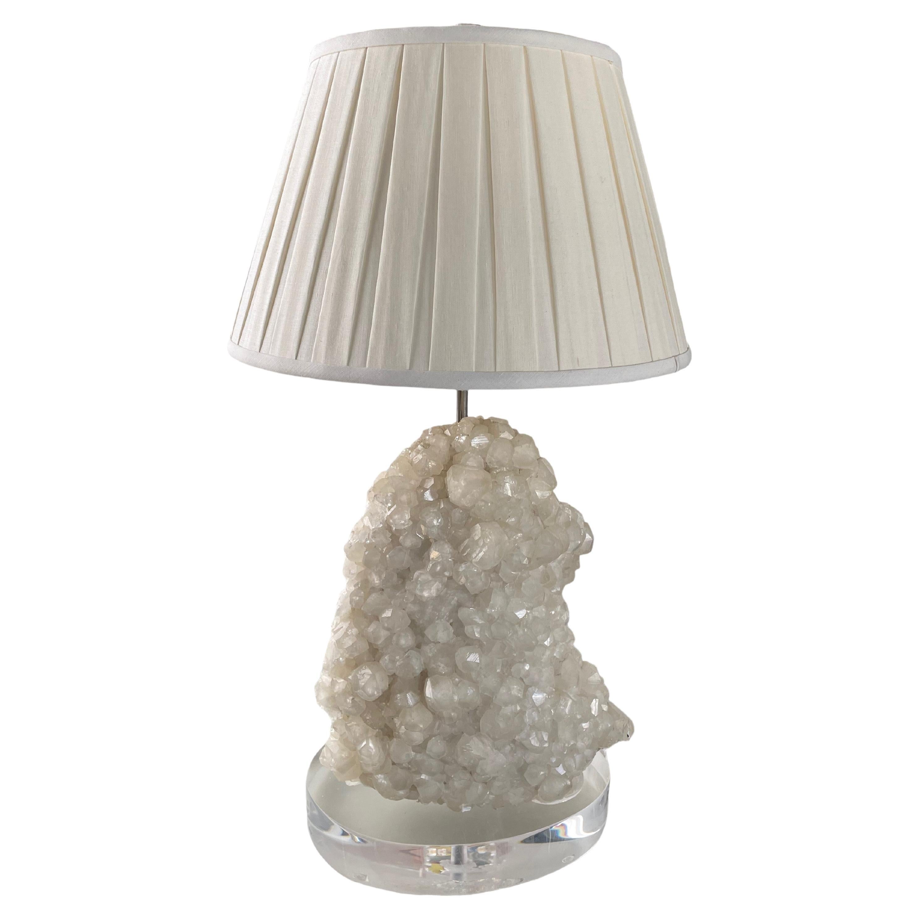 Vintage Quartz Crystal and Lucite Lamp and Shade with Lucite Finial For Sale