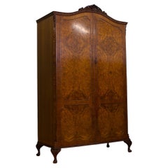 Vintage Queen Ann Style Burr Walnut Wardrobe, 1950s