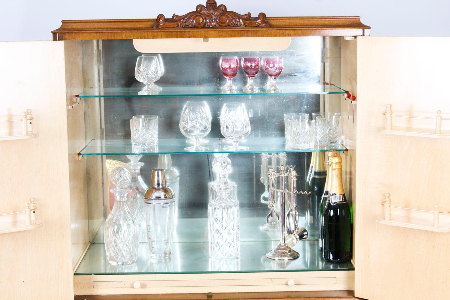 Vintage Queen Anne Burr Walnut Cocktail Drinks Bar Cabinet Midcentury 4