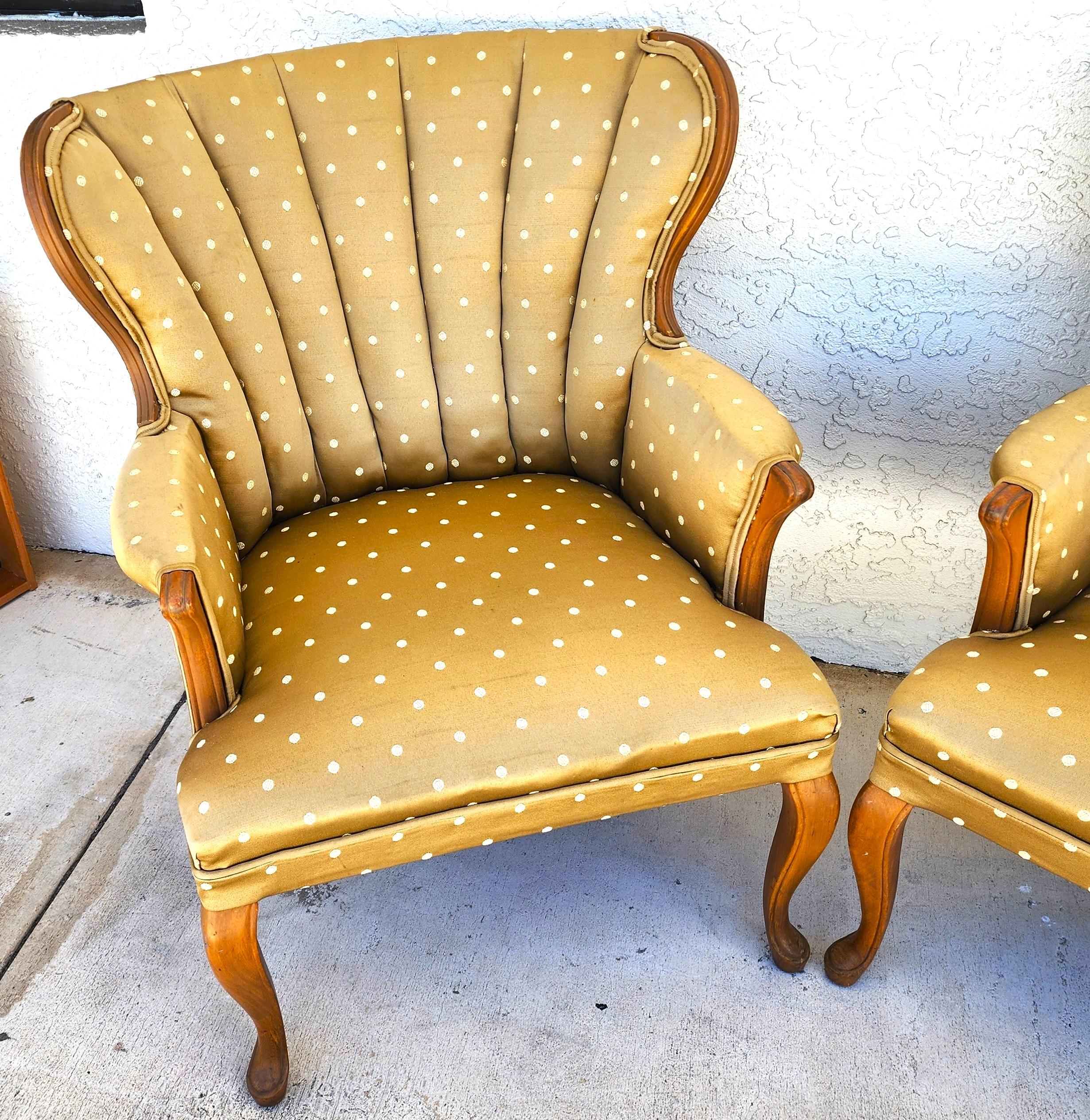 Vintage Queen Anne Channel Wingback Armchairs Pair In Good Condition For Sale In Lake Worth, FL