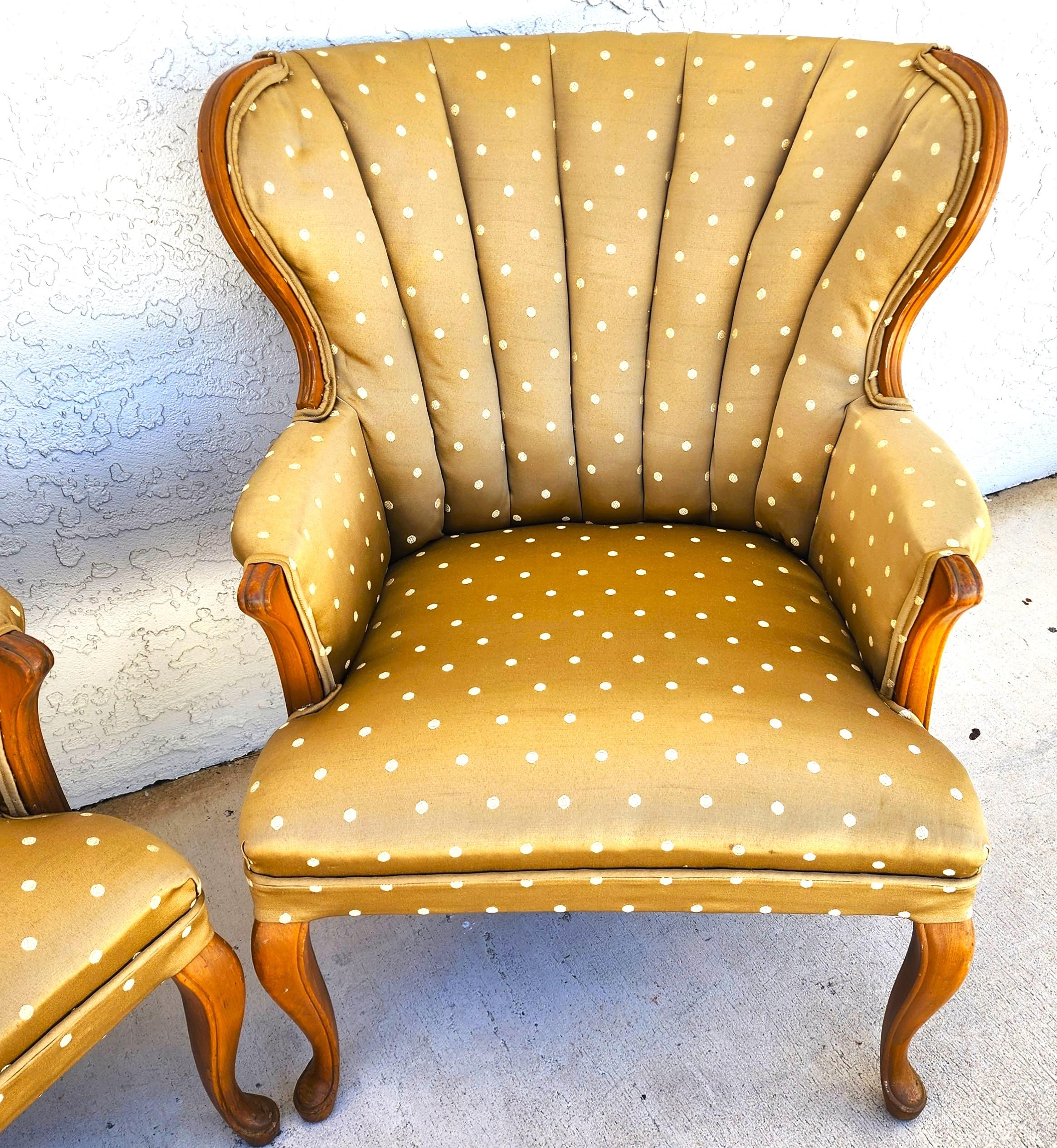 Mid-20th Century Vintage Queen Anne Channel Wingback Armchairs Pair For Sale
