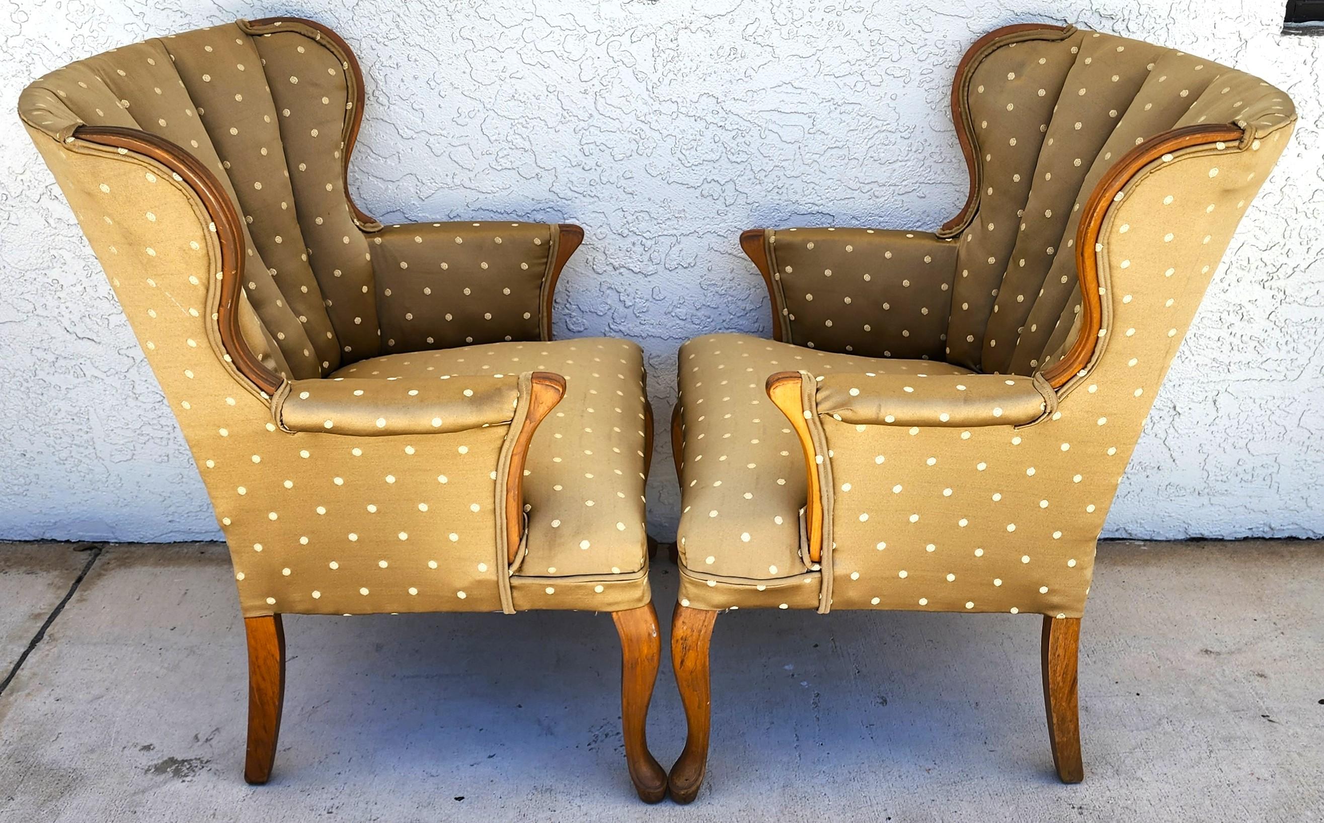 Cotton Vintage Queen Anne Channel Wingback Armchairs Pair For Sale