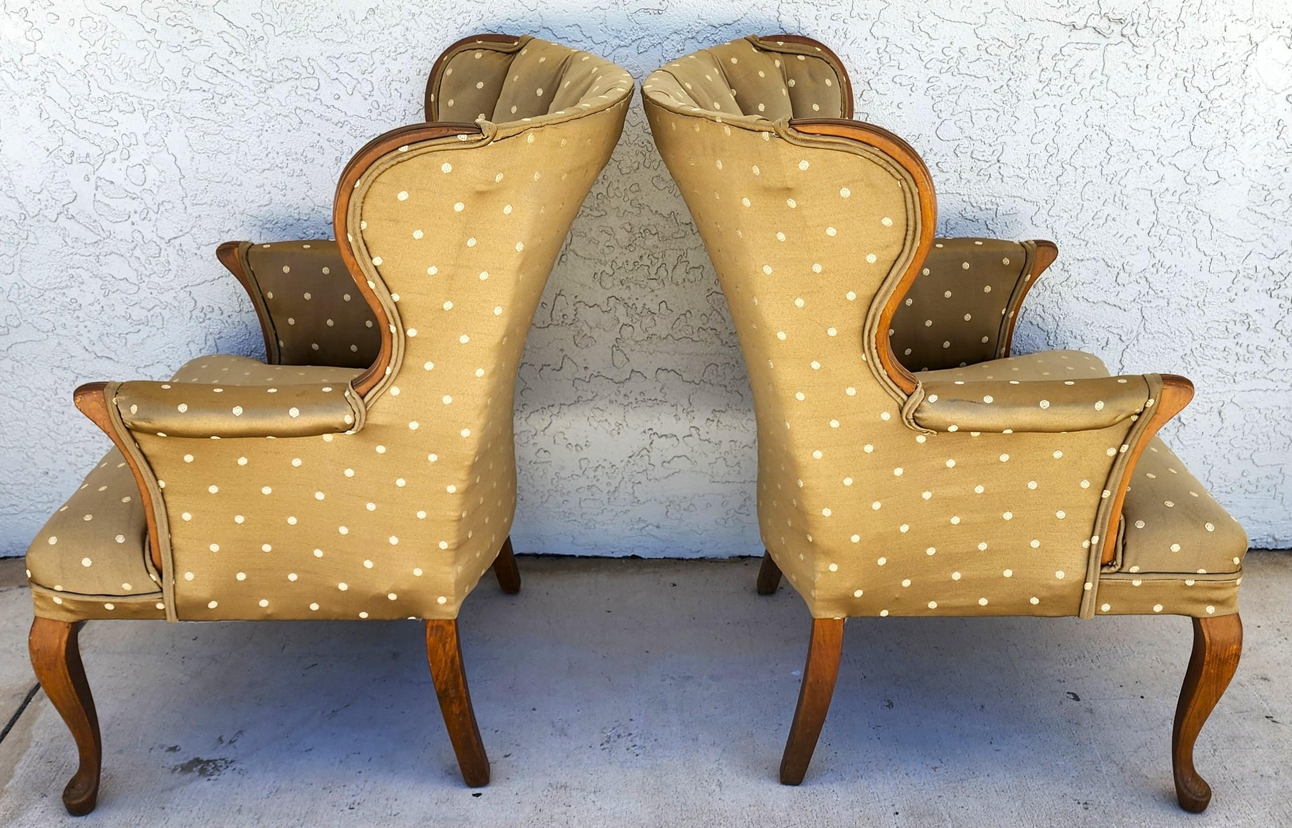 Vintage Queen Anne Channel Wingback Armchairs Pair For Sale 2