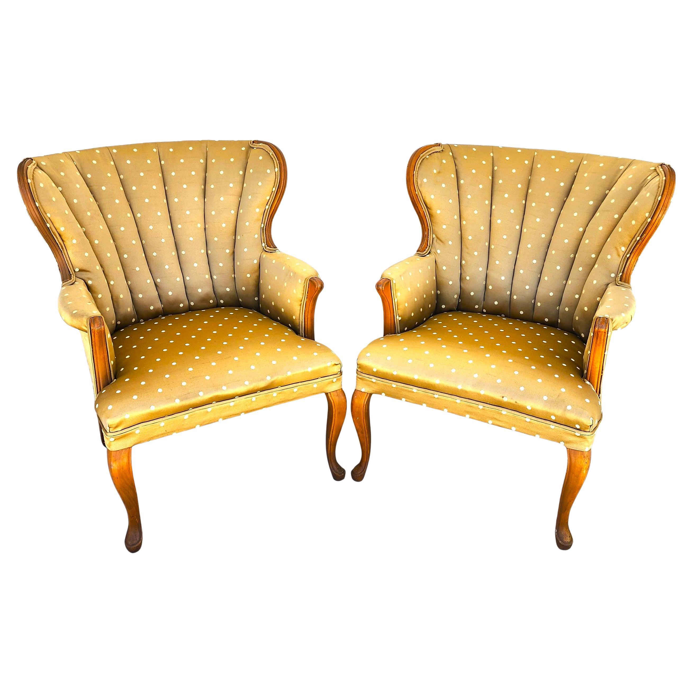 Vintage Queen Anne Channel Wingback Armchairs Pair For Sale