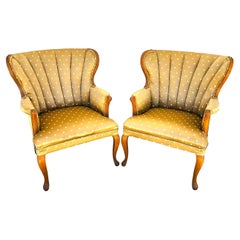 Vintage Queen Anne Channel Wingback Armchairs Pair