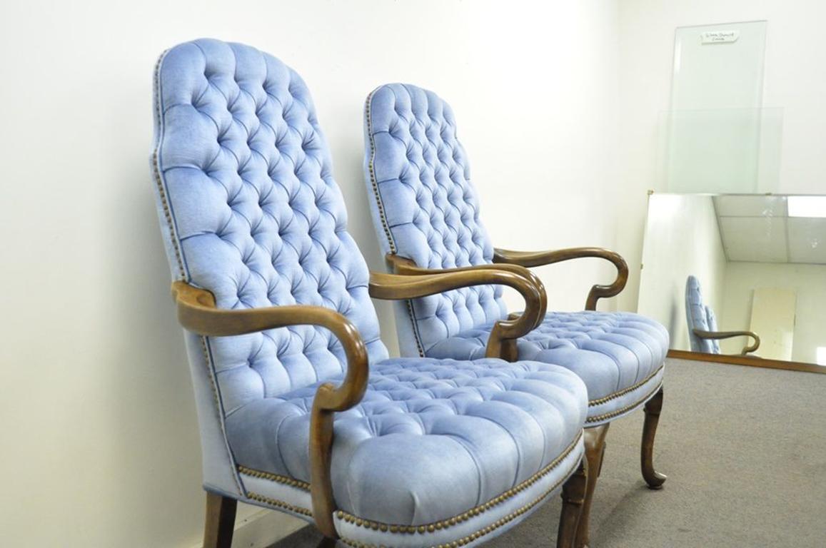 Vintage Queen Anne Ethan Allen Blue Tufted Library Office Lounge Armchairs, Pair 1
