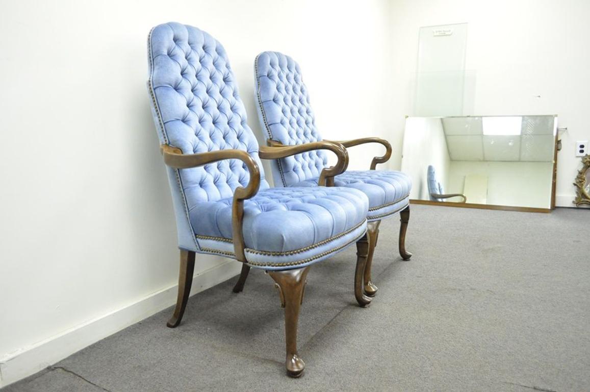 Vintage Queen Anne Ethan Allen Blue Tufted Library Office Lounge Armchairs, Pair 3