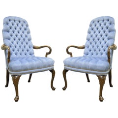 Vintage Queen Anne Ethan Allen Blue Tufted Library Office Lounge Armchairs, Pair
