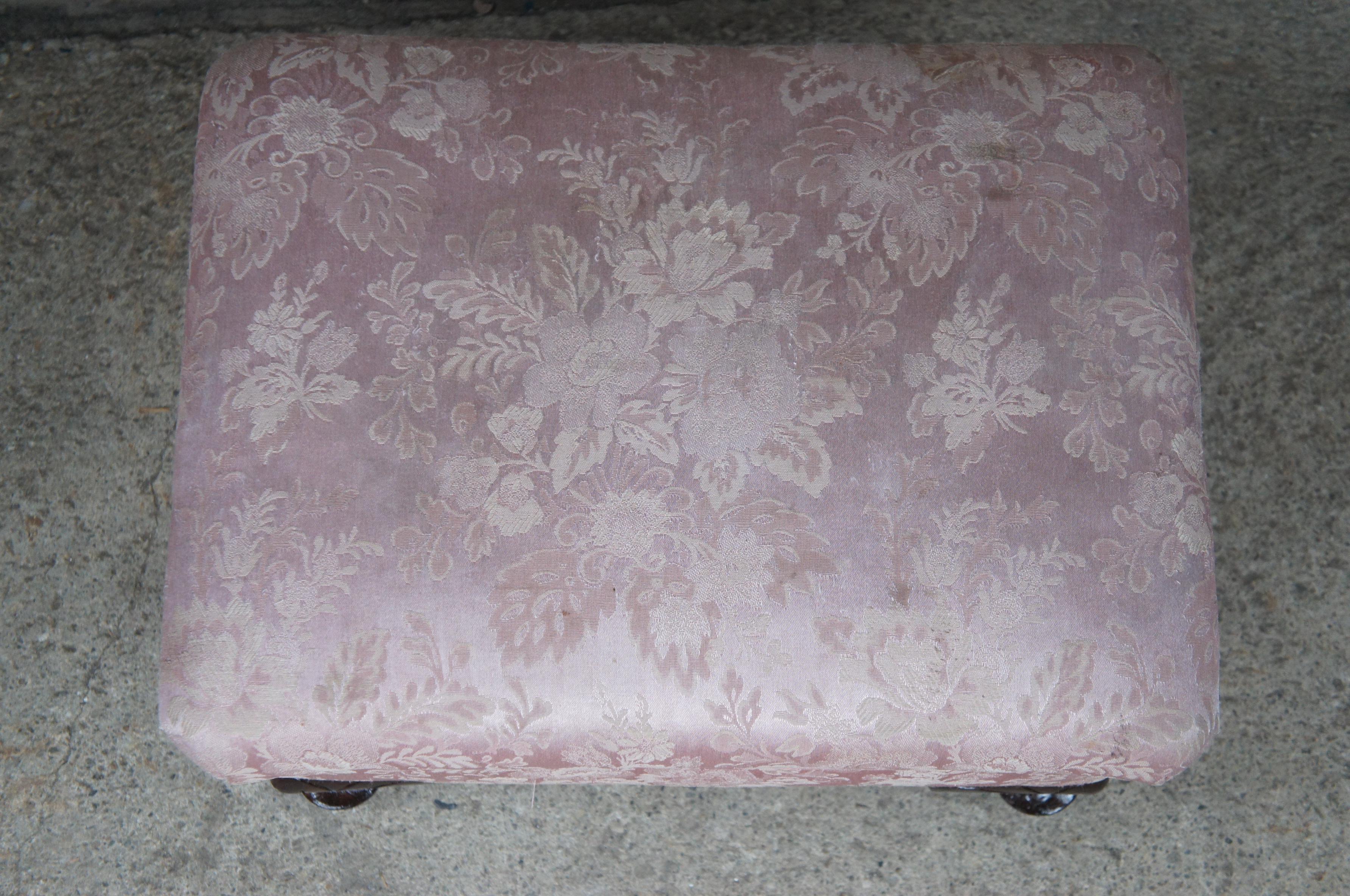 20th Century Vintage Queen Anne Floral Upholstered Walnut Ottoman Foot Stool Vanity Pouf Pink