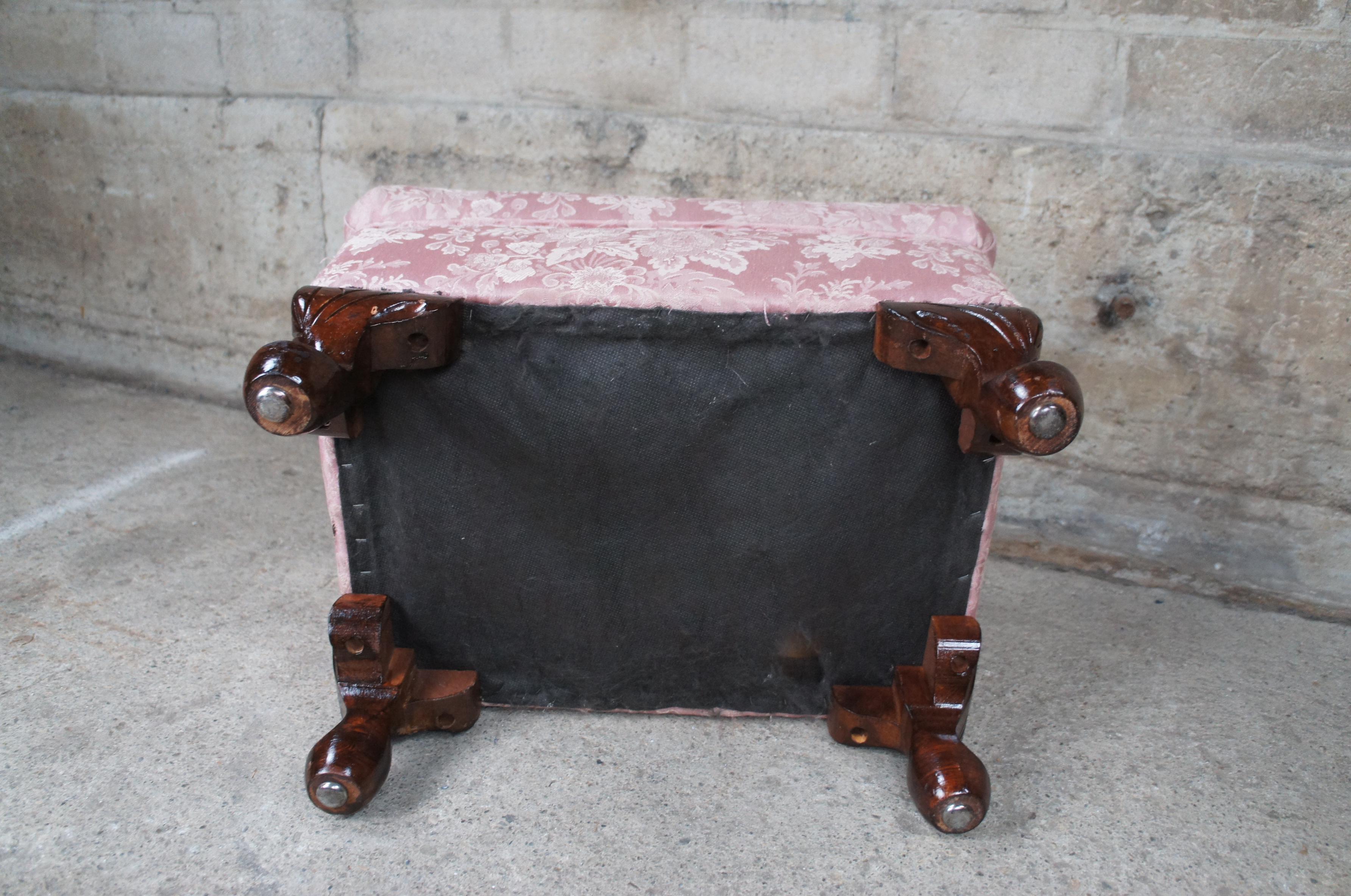 Vintage Queen Anne Floral Upholstered Walnut Ottoman Foot Stool Vanity Pouf Pink For Sale 2