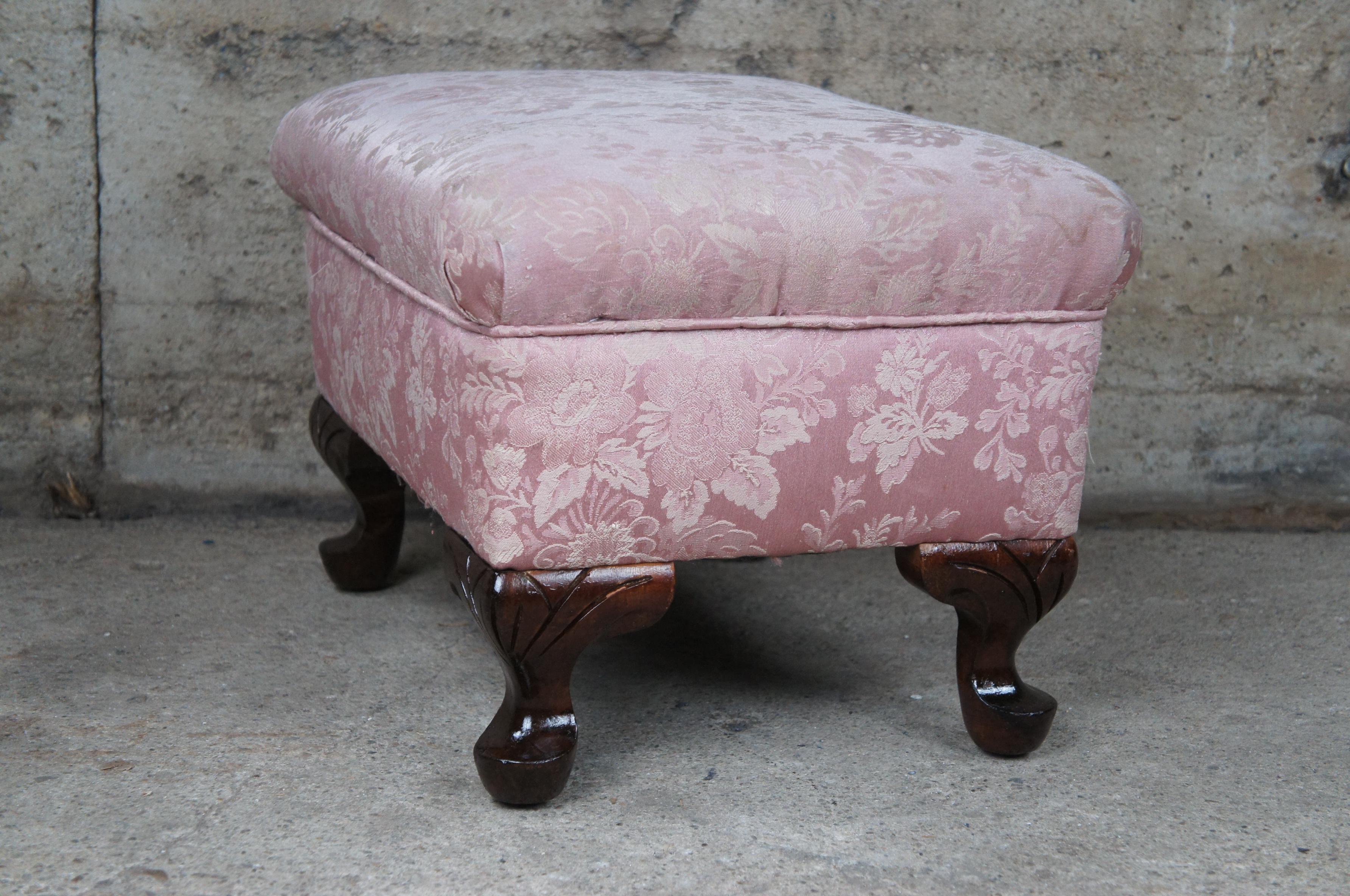 Vintage Queen Anne Floral Upholstered Walnut Ottoman Foot Stool Vanity Pouf Pink For Sale 3