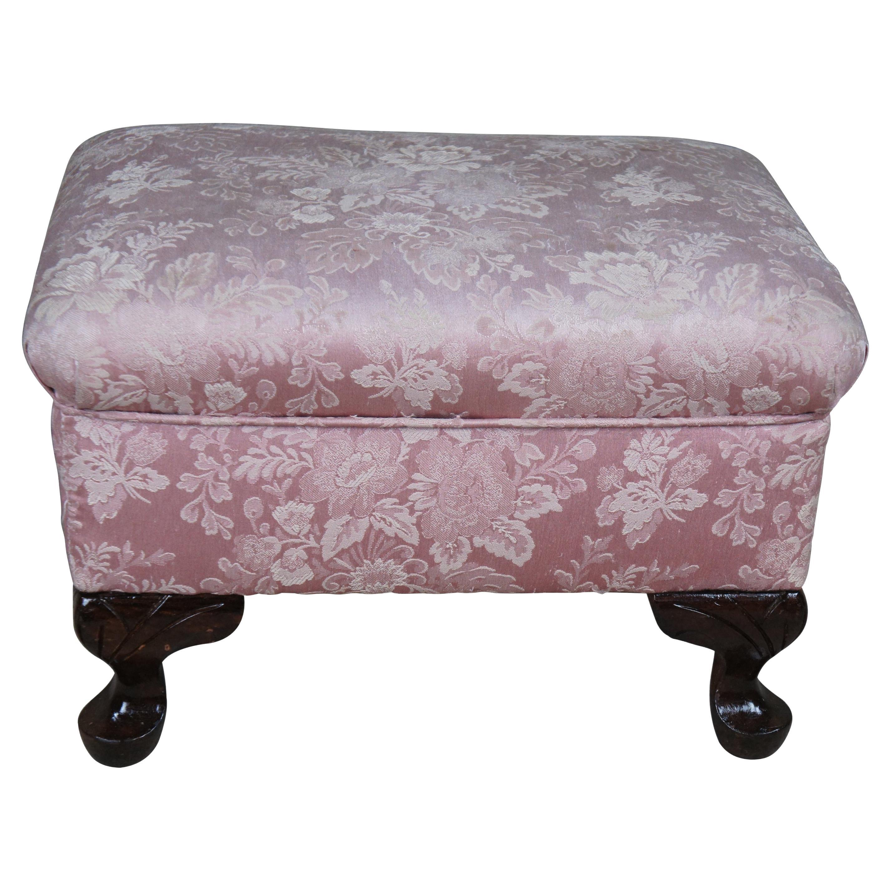 Vintage Queen Anne Floral Upholstered Walnut Ottoman Foot Stool Vanity Pouf Pink