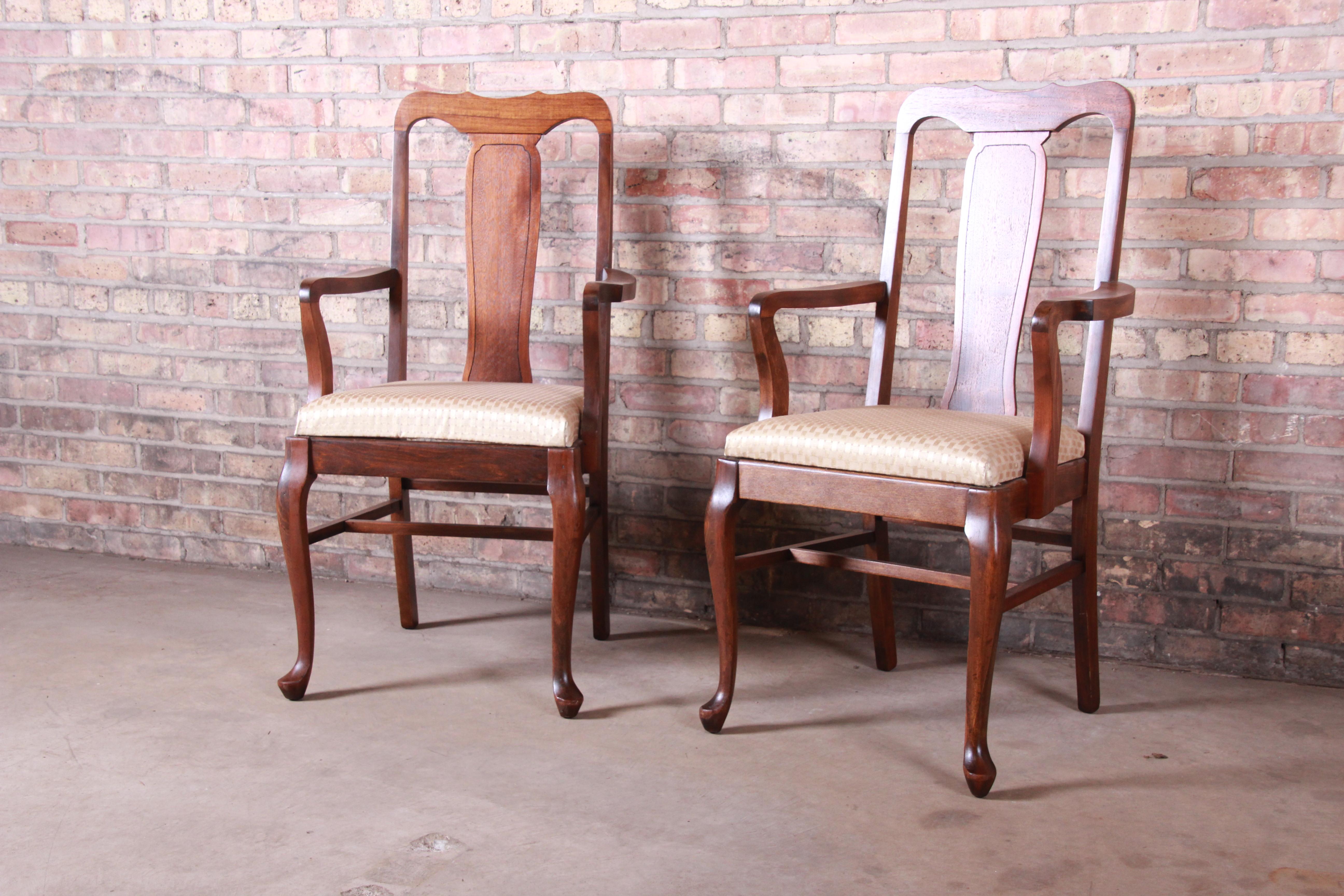 Upholstery Vintage Queen Anne Mahogany Armchairs, Pair