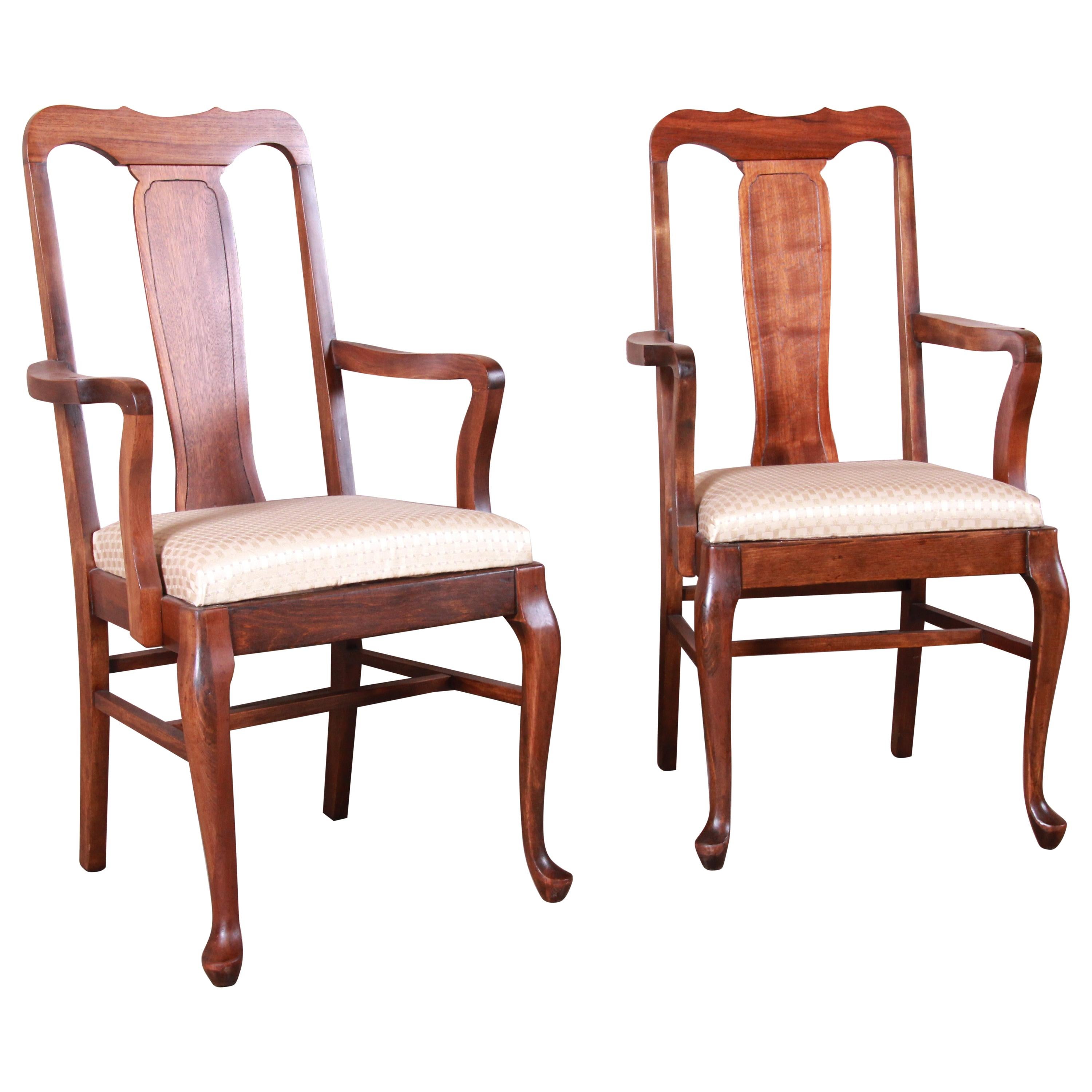 Vintage Queen Anne Mahogany Armchairs, Pair