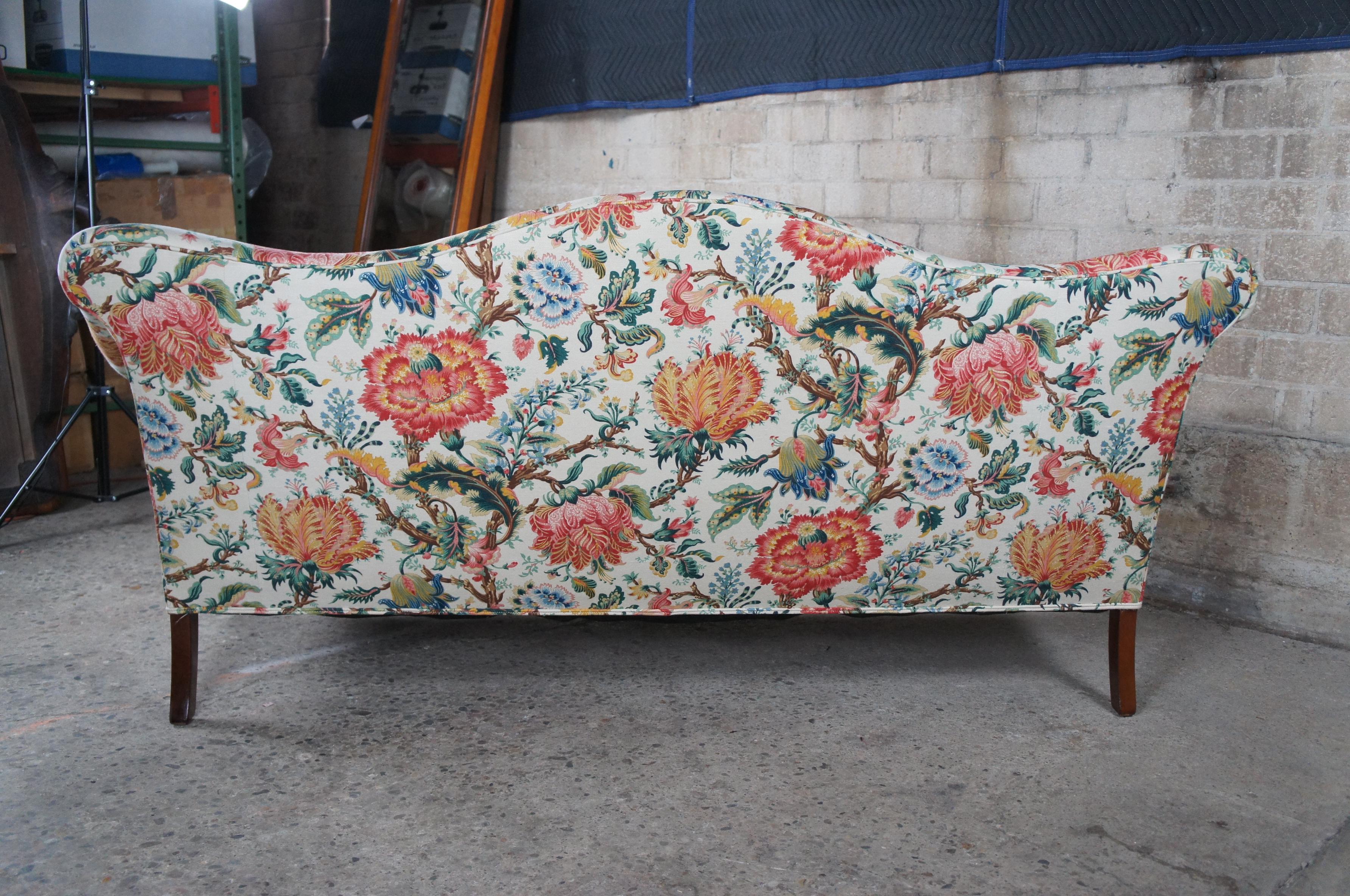 Vintage Queen Anne Mahogany Camelback Settee Sofa Crewel Style Fabric Down Seat 4