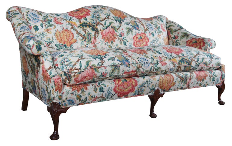 Vintage Queen Anne Mahogany Camelback Settee Sofa Crewel Style Fabric Down Seat