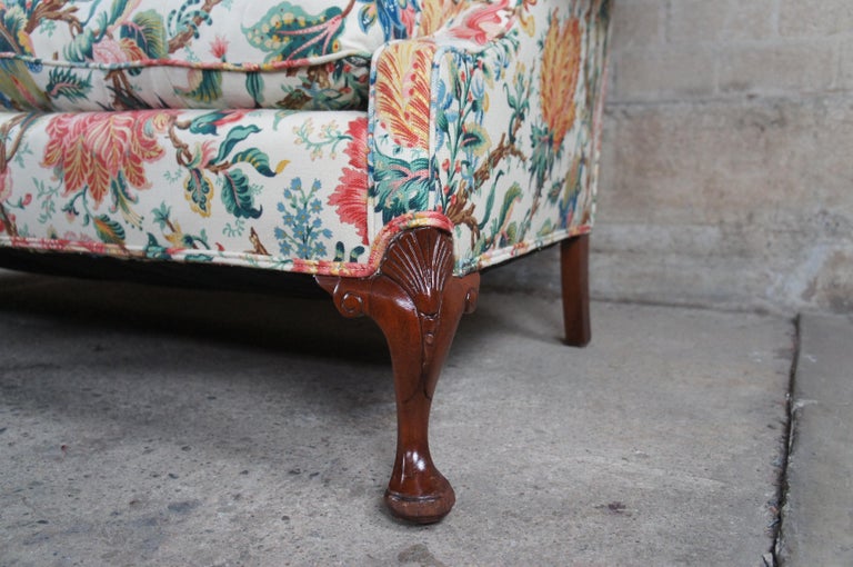Vintage Queen Anne Mahogany Camelback Settee Sofa Crewel Style Fabric