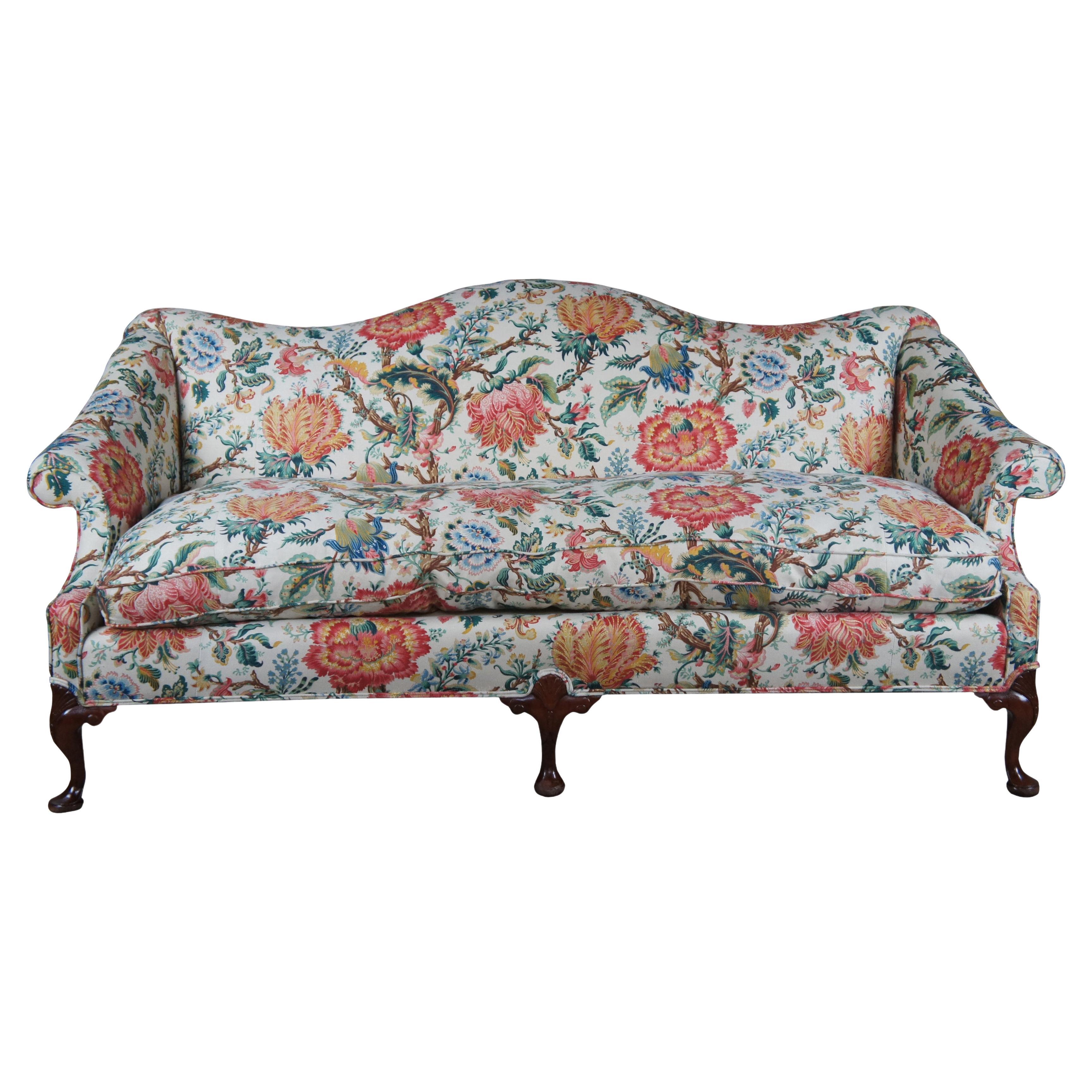 Vintage Queen Anne Mahogany Camelback Settee Sofa Crewel Style Fabric Down  Seat For Sale at 1stDibs | vintage queen anne sofa
