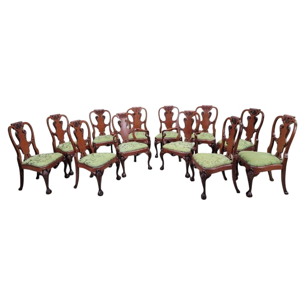 Vintage Queen Anne Style Carved Mahogany Dining Chairs - Set of 12 For Sale