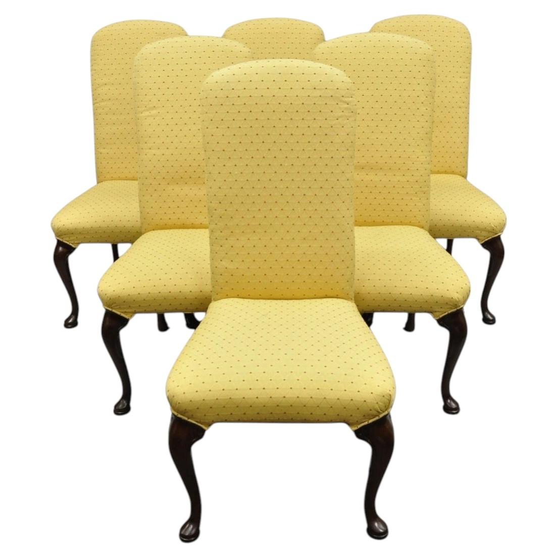Vintage Queen Anne Style Cherry Wood Upholstered Dining Side Chairs - Set of 6 For Sale