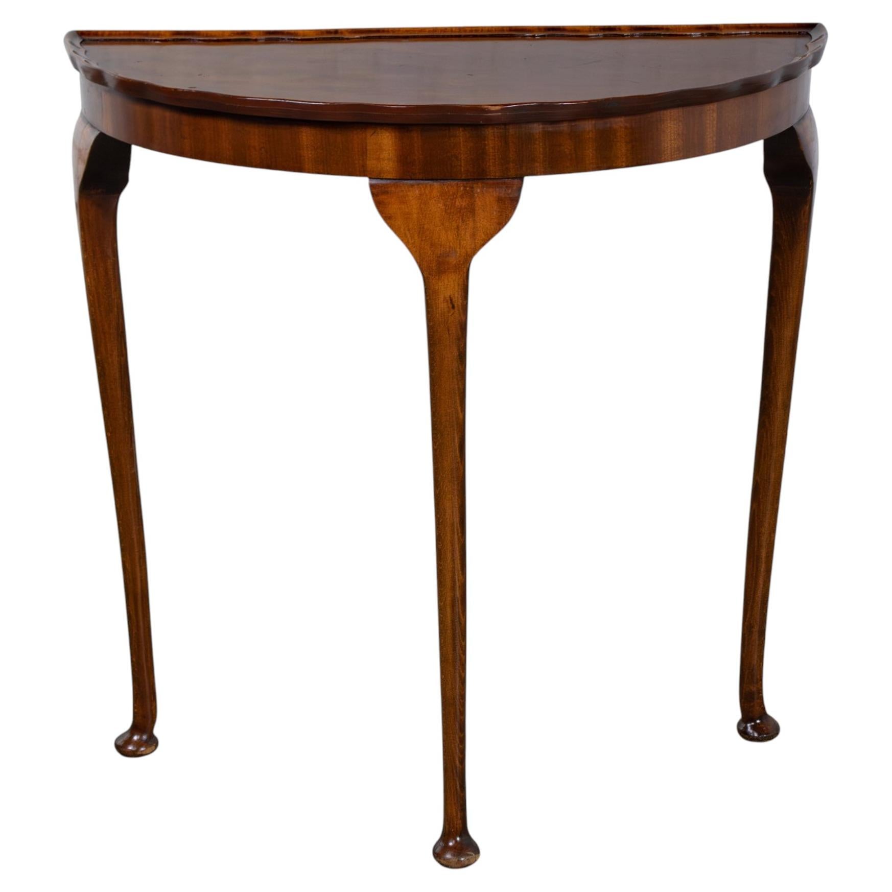 Vintage Queen Anne Style Demilune Walnut End Side or Console Hall Table