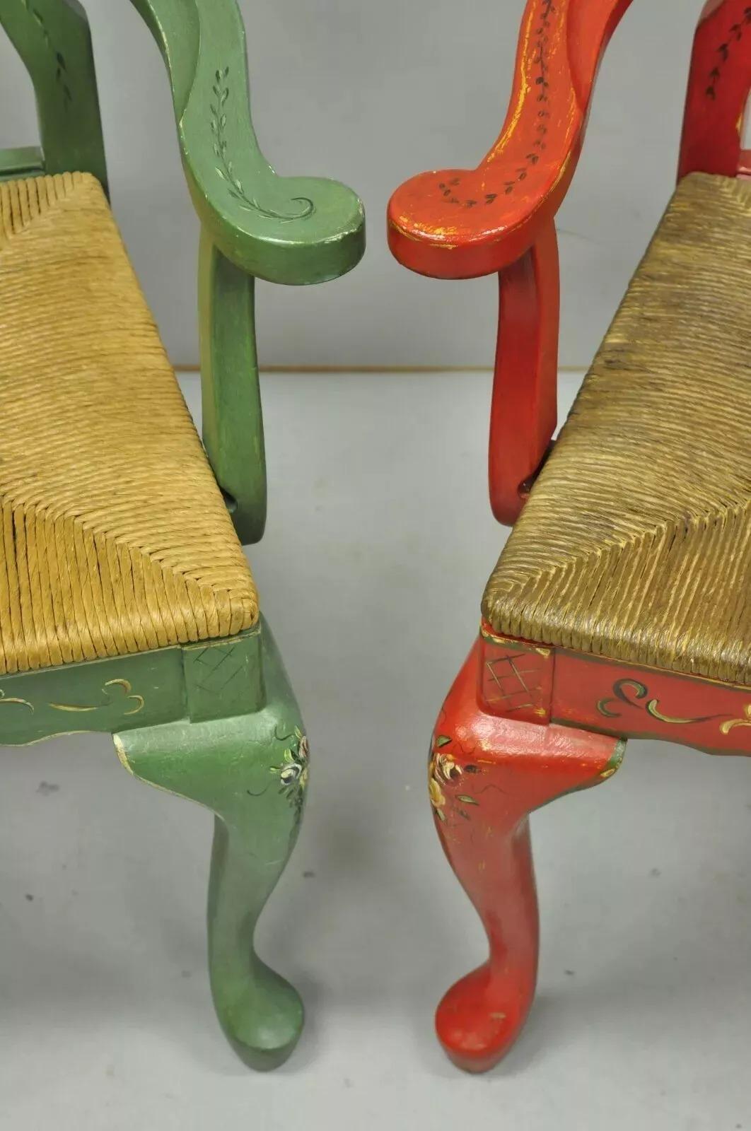 Vintage Queen Anne Style Green and Red Painted Rush Seat Arm Chairs - a Pair For Sale 4