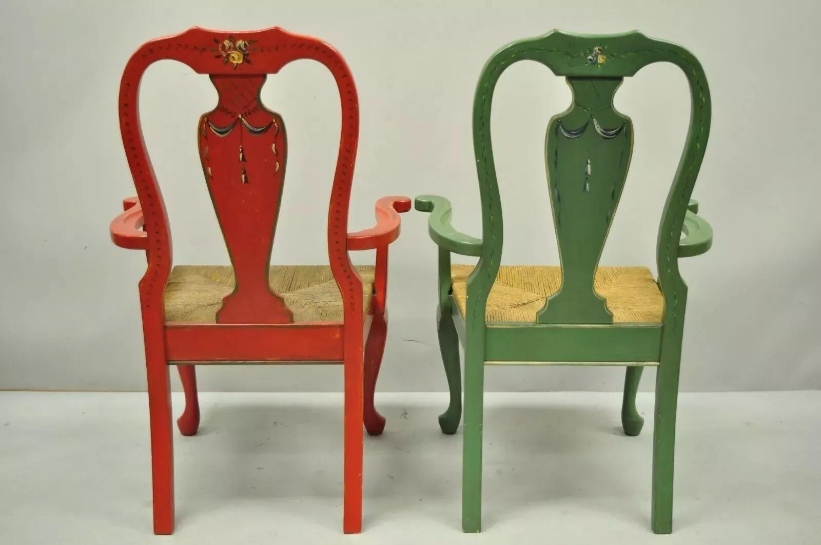 Vintage Queen Anne Style Green and Red Painted Rush Seat Arm Chairs - a Pair For Sale 5