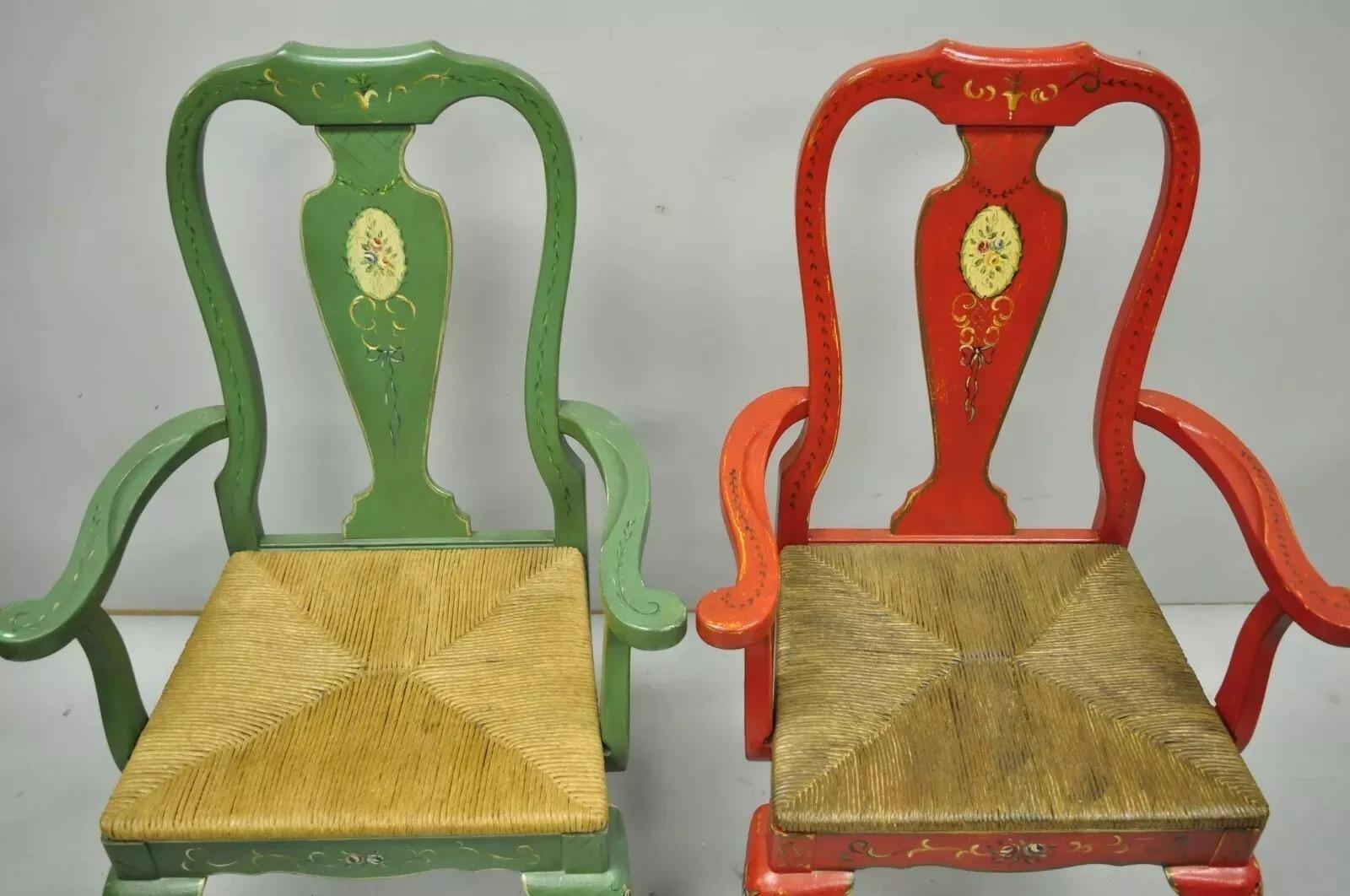 Vintage Queen Anne Style Green and Red Painted Rush Seat Arm Chairs - a Pair For Sale 6