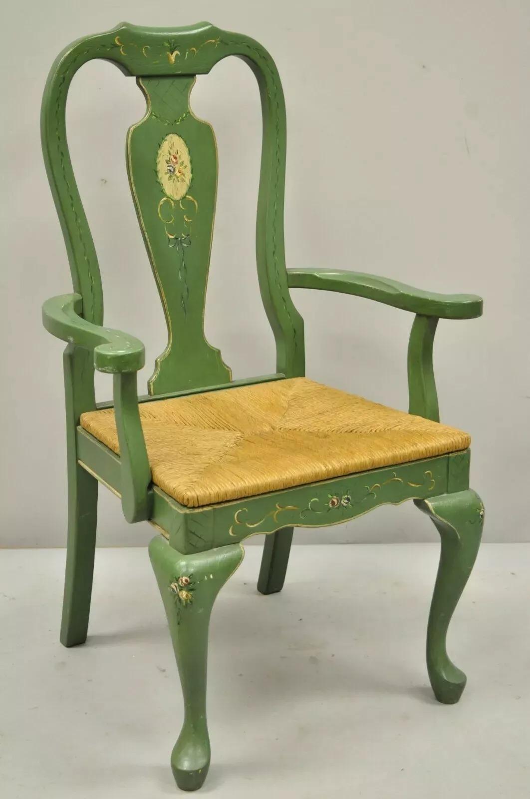 Unknown Vintage Queen Anne Style Green and Red Painted Rush Seat Arm Chairs - a Pair For Sale