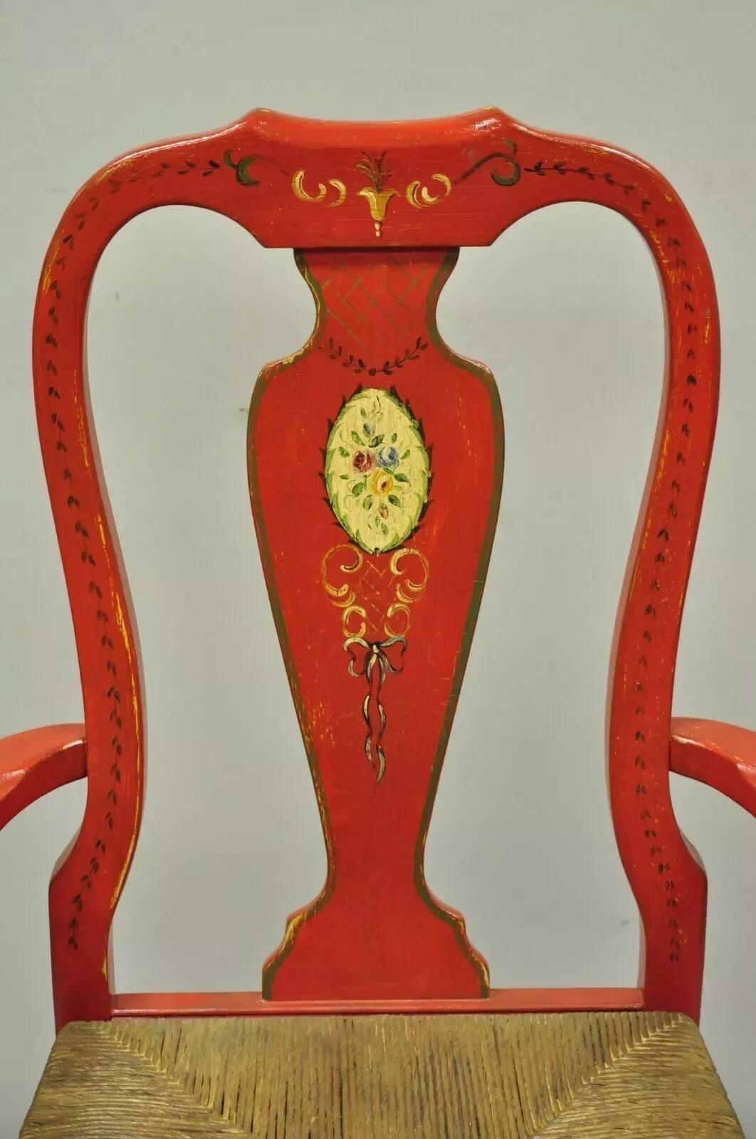 Vintage Queen Anne Style Green and Red Painted Rush Seat Arm Chairs - a Pair In Good Condition For Sale In Philadelphia, PA