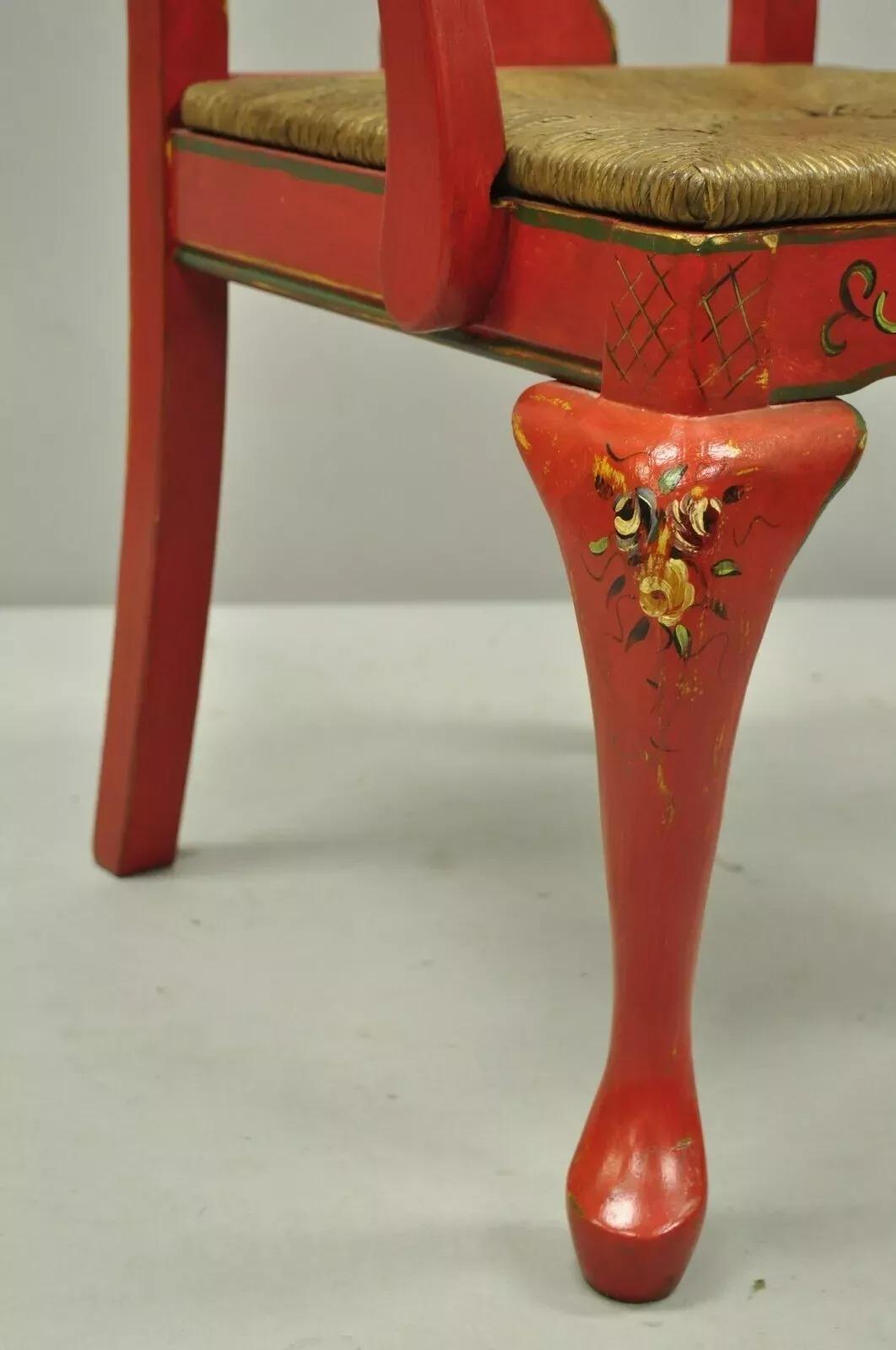 Wood Vintage Queen Anne Style Green and Red Painted Rush Seat Arm Chairs - a Pair For Sale
