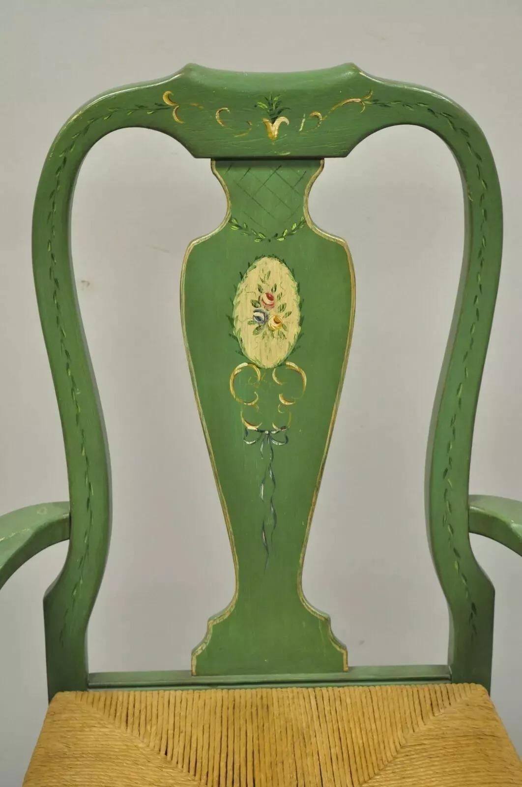 Vintage Queen Anne Style Green and Red Painted Rush Seat Arm Chairs - a Pair For Sale 1