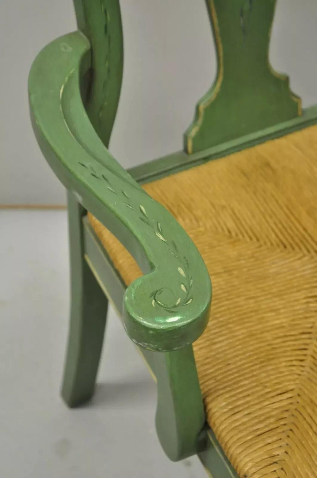 Vintage Queen Anne Style Green and Red Painted Rush Seat Arm Chairs - a Pair For Sale 2