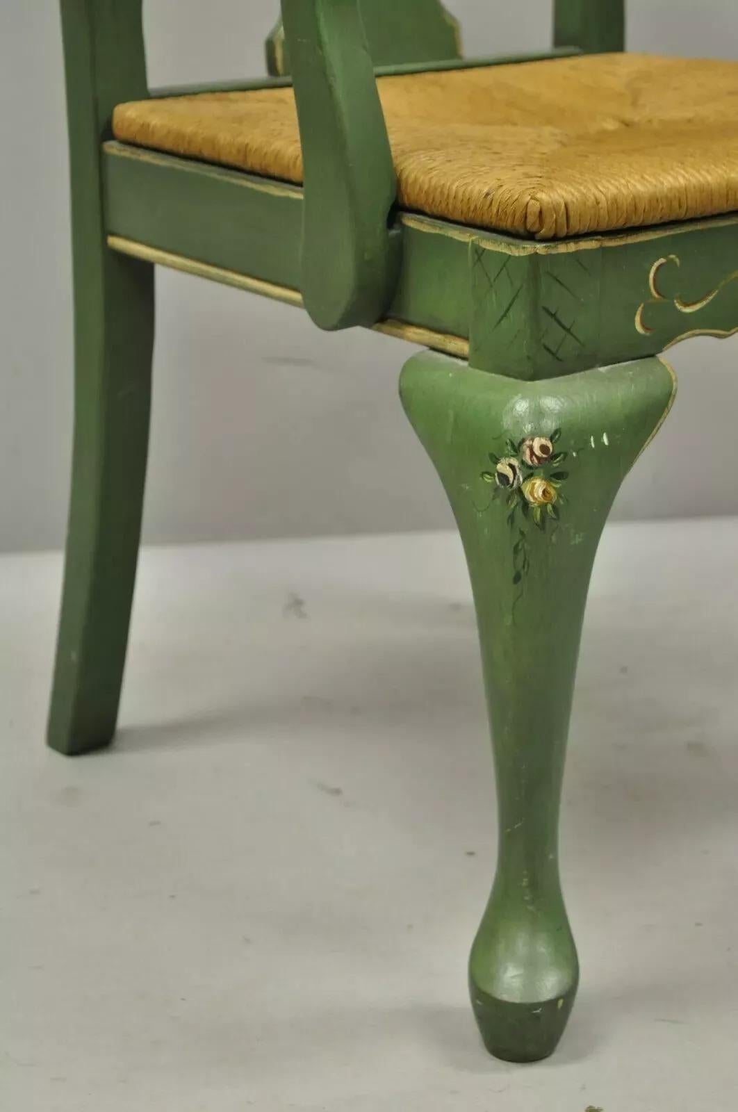Vintage Queen Anne Style Green and Red Painted Rush Seat Arm Chairs - a Pair For Sale 3