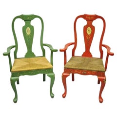 Vintage Queen Anne Style Green and Red Painted Rush Seat Arm Chairs - a Pair
