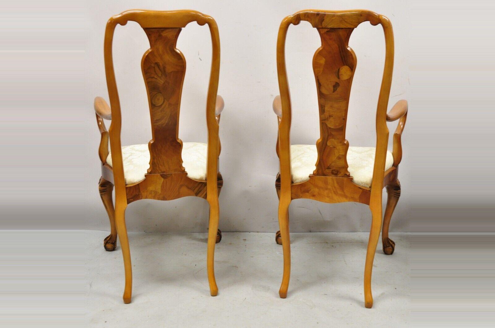 Vintage Queen Anne Style Italian Burl Patchwork Floral Inlay Arm Chairs, Pair For Sale 5
