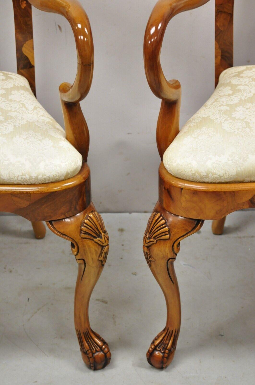 Vintage Queen Anne Style Italian Burl Patchwork Floral Inlay Arm Chairs, Pair For Sale 7