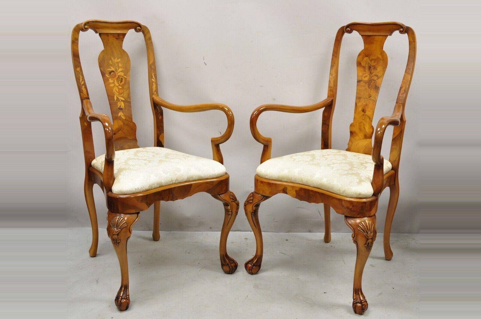 Vintage Queen Anne style Italian burl patchwork floral inlay arm chairs - a pair. Item features floral inlay to backrests, burl patchwork frames, carved ball and claw feet, fan/shell carved knees, very nice pair, quality Italian craftsmanship, great