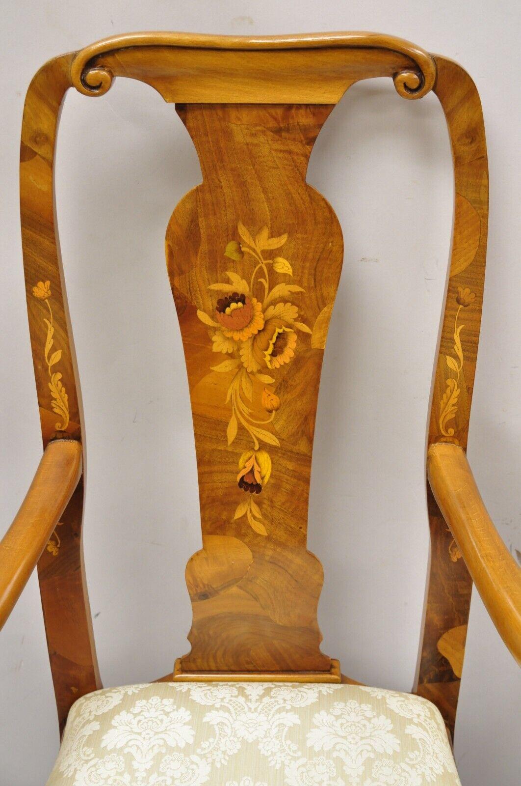 Vintage Queen Anne Style Italienisch Burl Patchwork Floral Inlay Arm Stühle, Paar (Holzarbeit) im Angebot