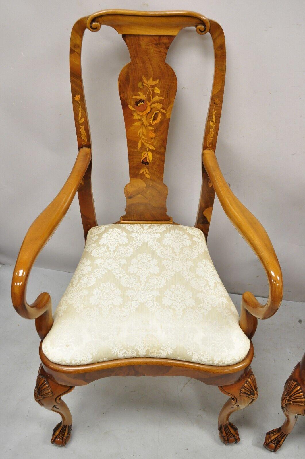 Vintage Queen Anne Style Italian Burl Patchwork Floral Inlay Arm Chairs, Pair For Sale 1