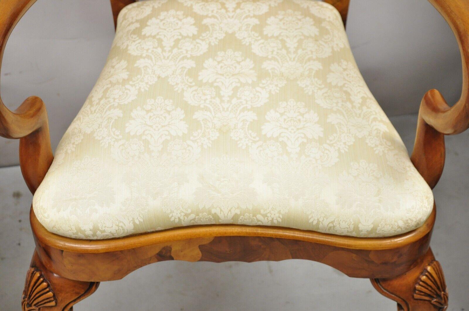 Vintage Queen Anne Style Italienisch Burl Patchwork Floral Inlay Arm Stühle, Paar im Angebot 1