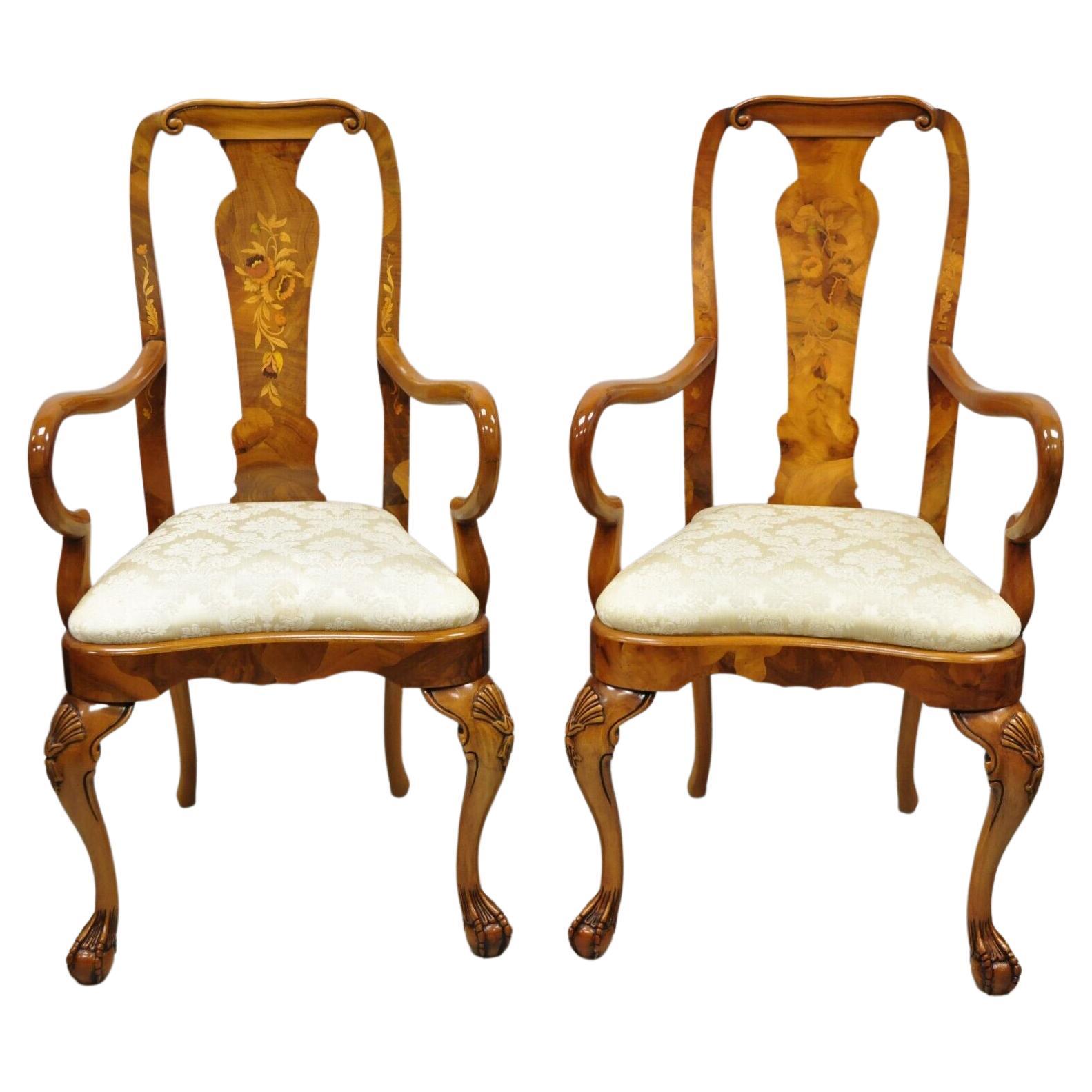 Vintage Queen Anne Style Italian Burl Patchwork Floral Inlay Arm Chairs, Pair