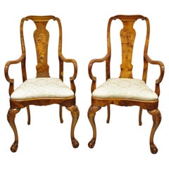 Vintage Queen Anne Style Italian Burl Patchwork Floral Inlay Arm Chairs, Pair